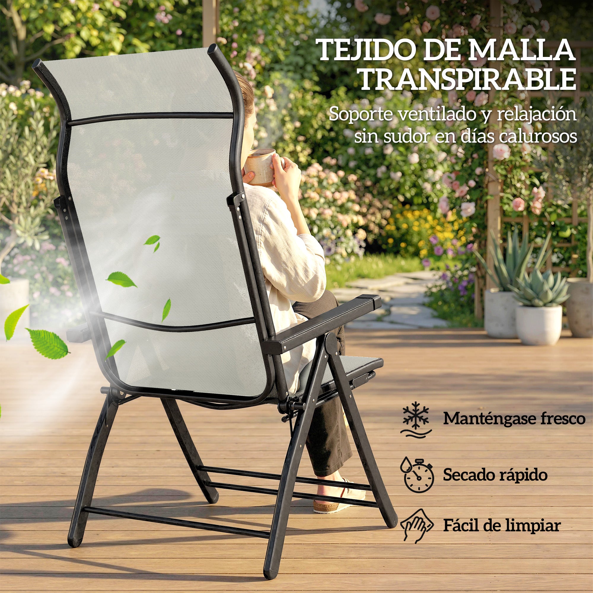 Outsunny Pack de 2 Sillas Plegables Reclinables, Sillas de Jardín Exterior con Respaldo Alto Curva Ajustable en 5 Posiciones, Reposapiés Retráctil y Marco de Metal, para Patio, Playa, Gris Claro