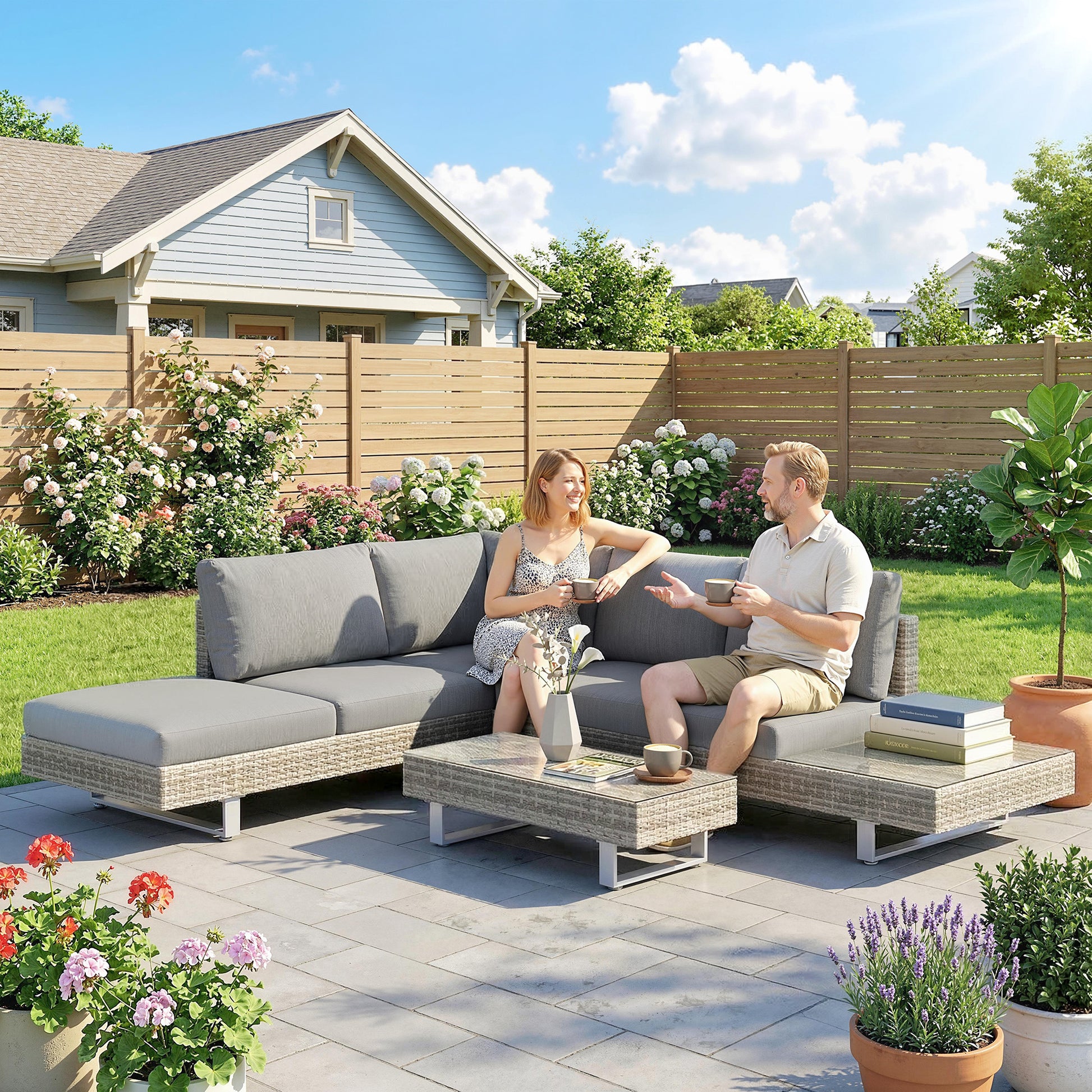 Outsunny Conjunto de Jardín de Ratán de 3 Piezas, Conjunto Terraza Resistente, Muebles Jardín Exterior Incluye Cojines, Sofá de 3 Plazas, Sofá de 2 Plazas con Mesa Lateral, Mesa Centro de Vidrio Gris