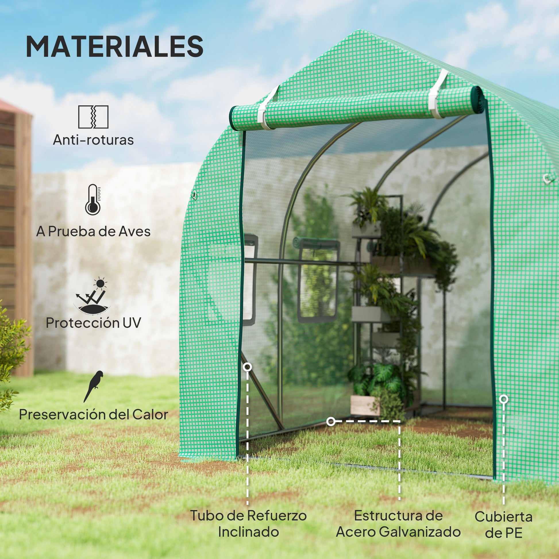 Outsunny Invernadero de Exterior 3x2x2 m Invernadero de Túnel con 6 Ventanas de Malla y Puerta Invernadero de Huerto para Patio Jardín Verde