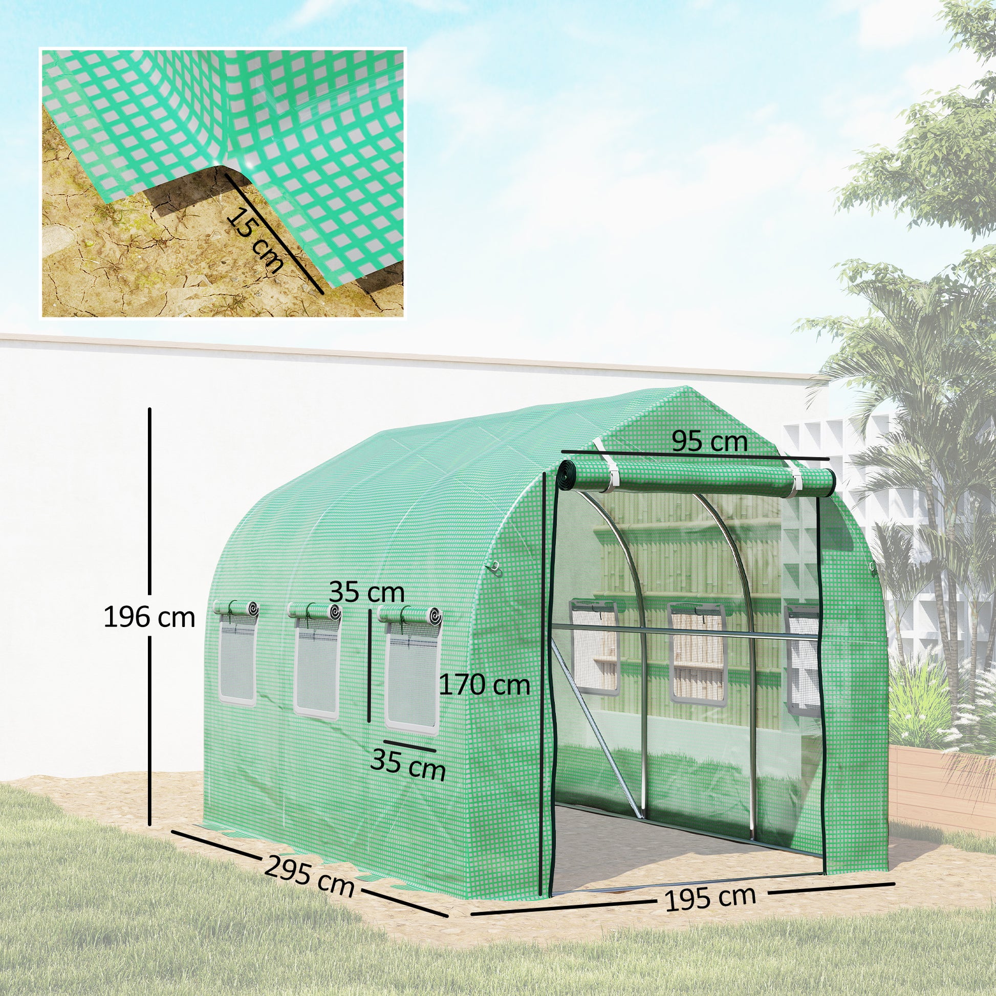 Outsunny Invernadero de Exterior 3x2x2 m Invernadero de Túnel con 6 Ventanas de Malla y Puerta Invernadero de Huerto para Patio Jardín Verde
