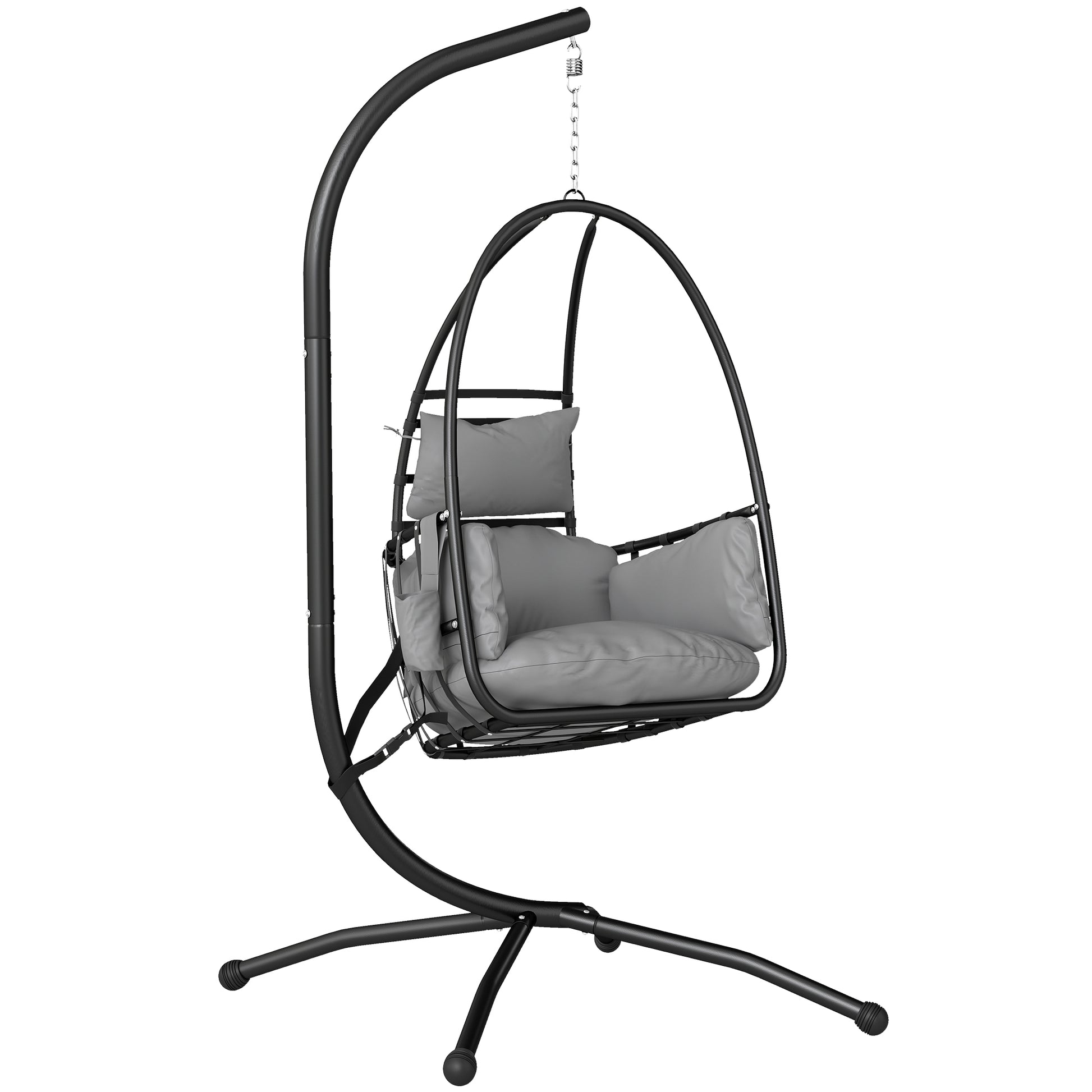Outsunny Silla Colgante Huevo con Soporte, Columpio de Jardín Exterior con Cesta Plegable, Reposacabezas, Cojín, Bolsillo Lateral, Columpio Colgante para Interior y Exterior, Carga 120 kg, Gris Oscuro