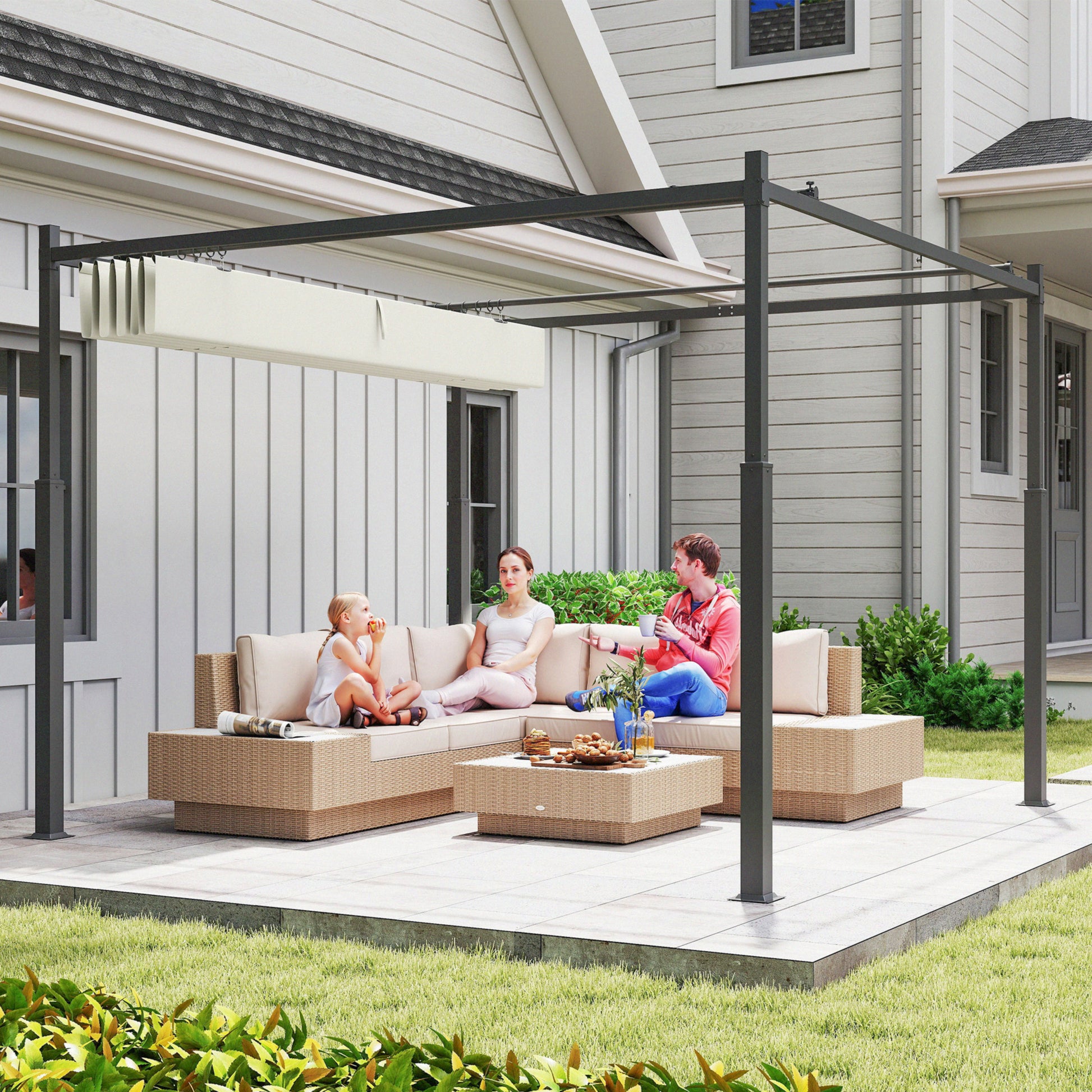Outsunny Pérgola de Jardín 3x3 m con Techo Retráctil y Accesorio Magnético, Cenador de Jardín con Protección UV30+, Columnas Metálicas y Ganchos, Pabellón para Patio, Terraza, Exterior, Blanco Crema