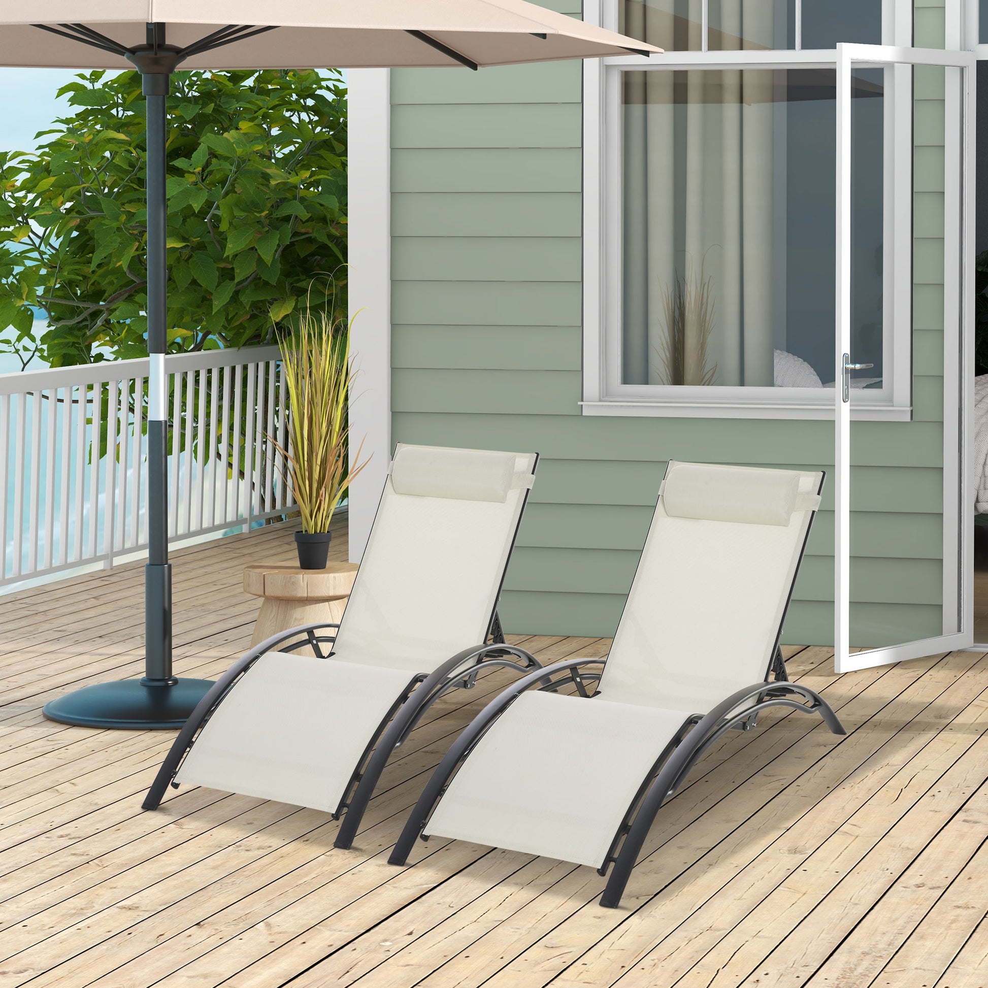 Outsunny Juego de 2 Tumbonas de Jardín Relax con Marco de Aluminio Tumbonas Reclinables con Respaldo Ajustable en 5 Posiciones y Reposacabezas para Terraza Balcón 171x64x82 cm Beige