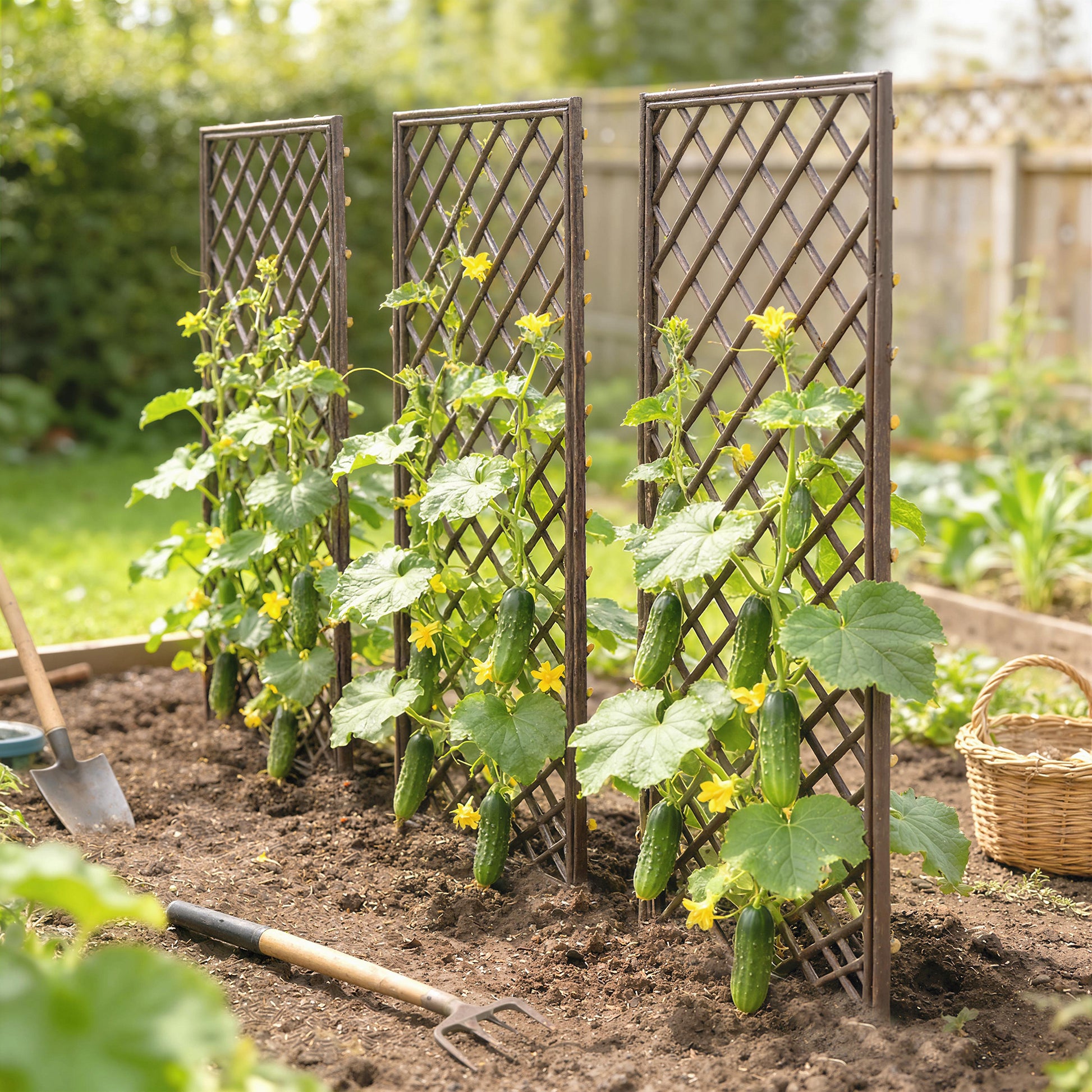 Outsunny Juego de 3 Enrejados de Jardín de Mimbre, Soportes para Plantas Trepadoras con Parte Superior Plana, para Frutas, Verduras, Flores, Decoración Exterior para Patio, 43x112 cm, Madera Natural