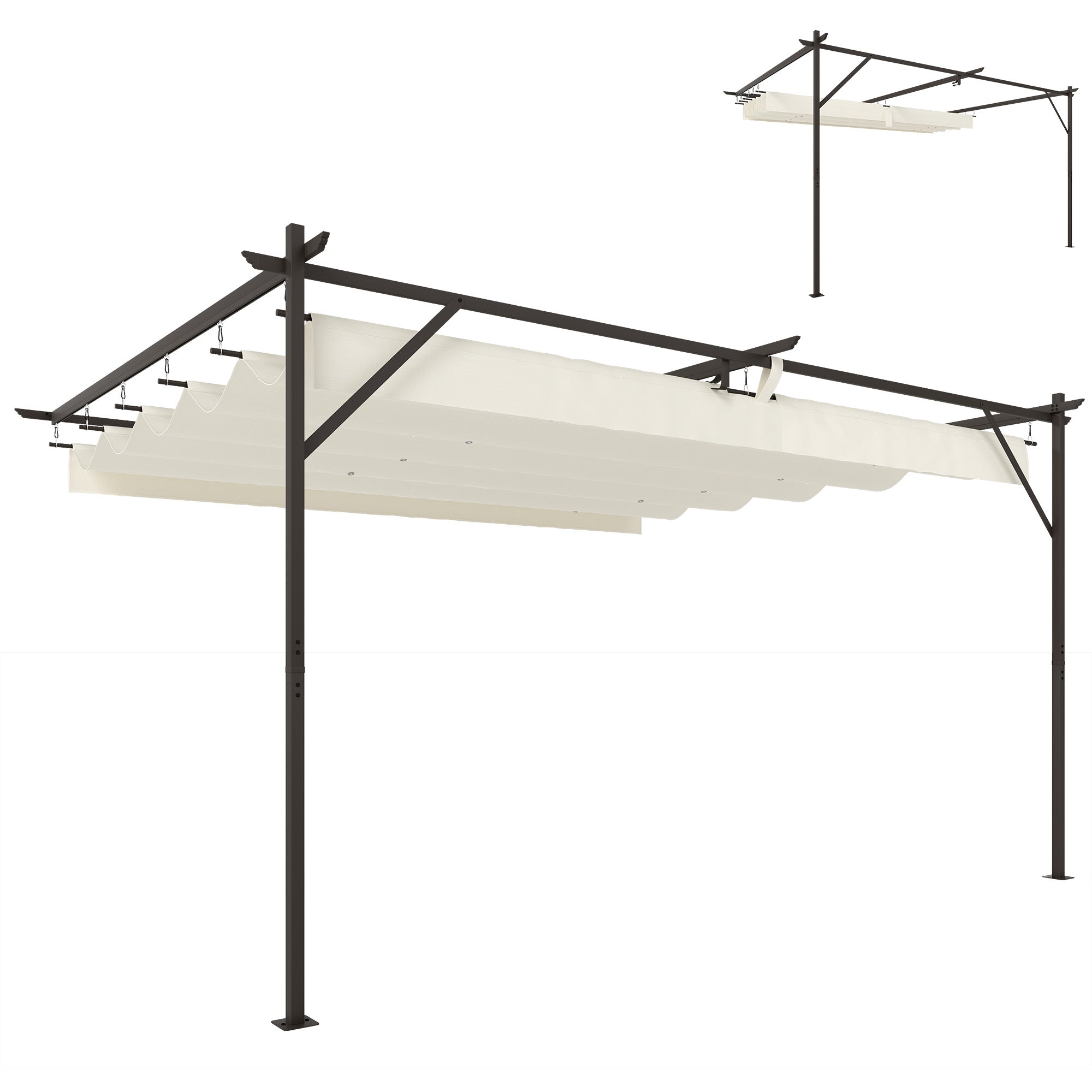 Outsunny Pérgola de Pared de Jardín 4x3 m, Cenador de Jardín con Techo Retráctil, Protección UPF30+, Orificios de Drenaje y Estructura Metálica, Pabellón para Patio, Terraza, Exterior, Blanco Crema