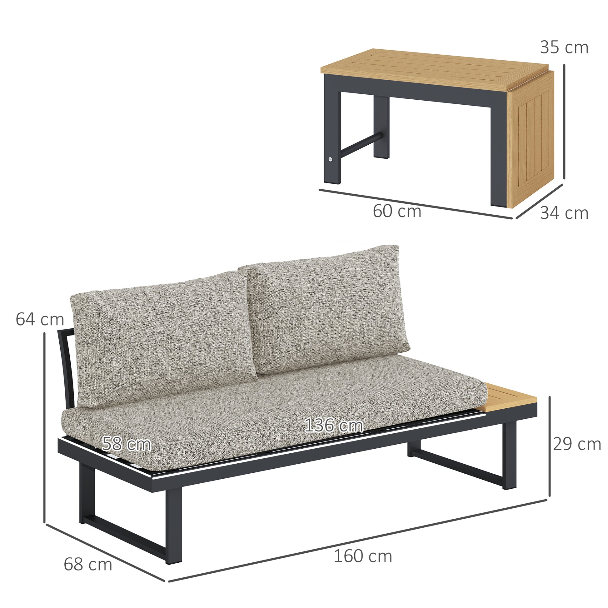 Outsunny Conjunto de Jardín Exterior de 3 Piezas Muebles Jardín Exterior con 2 Sofá de 2 Plazas y Mesa de Centro Versátil Conjunto de Sofá de Exterior con Estructura de Aluminio y Cojines Gris