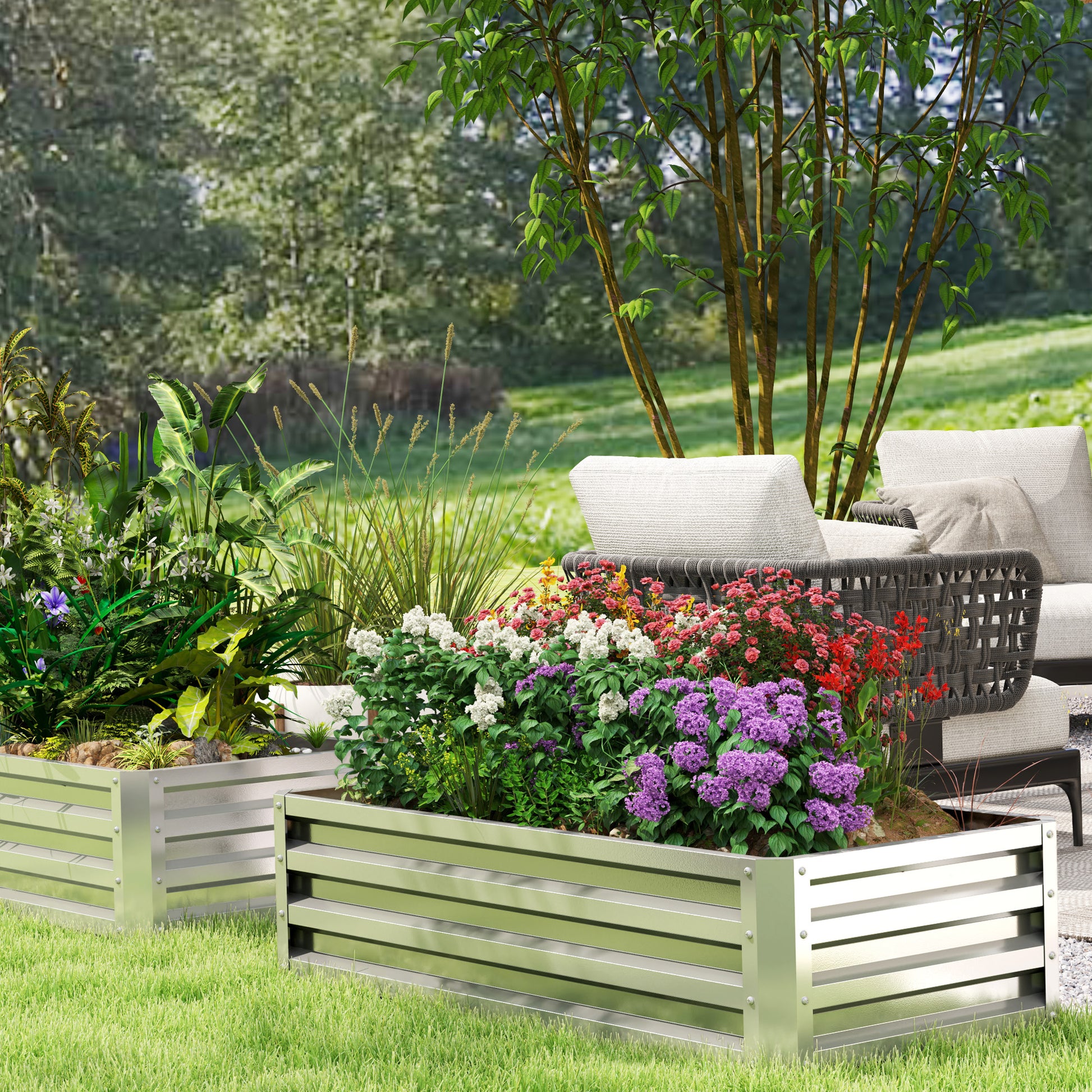 Outsunny Jardinera Exterior Grande de Acero Galvanizado, Huerto Urbano Elevado para Cultivar Plantas, Flores, Hierba, Macetero Exterior Rectangular con Fondo Abierto, 120x60x30,5 cm, Plata