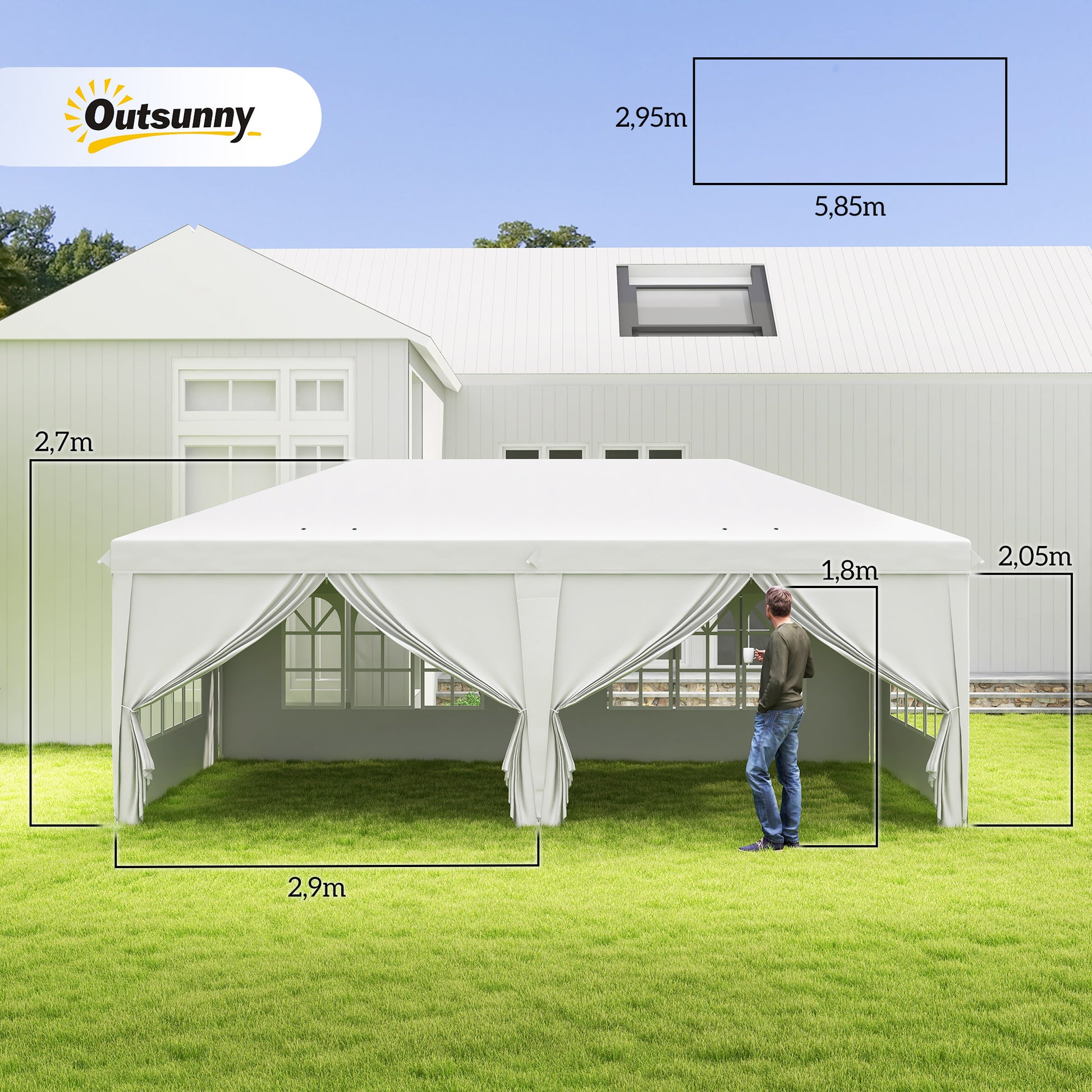 Outsunny Carpa Plegable 6x3 m Cenador de Jardín con Altura Ajustable 6 Paneles Laterales 2 Puertas Cremallera 4 Ventanas Bolsa de Transporte e Impermeable Gazebo para Exterior Terraza Camping Blanco