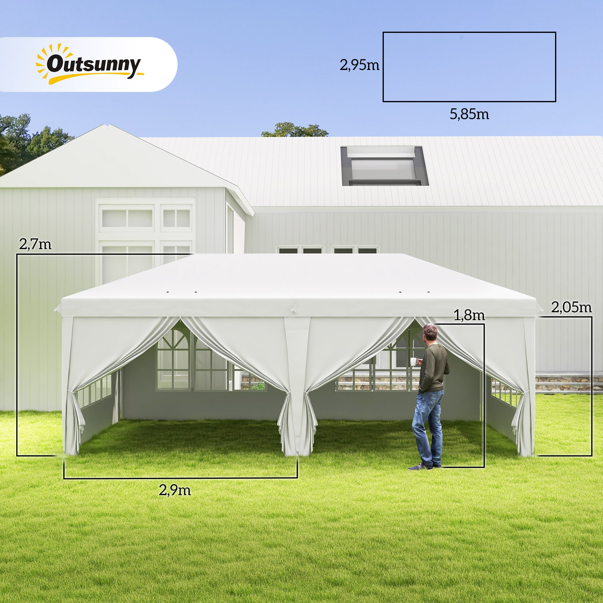 Outsunny Carpa Plegable 6x3 m Cenador de Jardín con Altura Ajustable 6 Paneles Laterales 2 Puertas Cremallera 4 Ventanas Bolsa de Transporte e Impermeable Gazebo para Exterior Terraza Camping Blanco