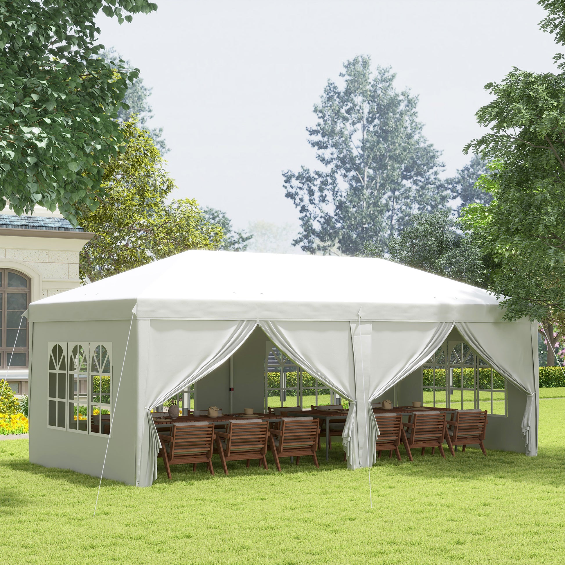 Outsunny Carpa Plegable 6x3 m Cenador de Jardín con Altura Ajustable 6 Paneles Laterales 2 Puertas Cremallera 4 Ventanas Bolsa de Transporte e Impermeable Gazebo para Exterior Terraza Camping Blanco