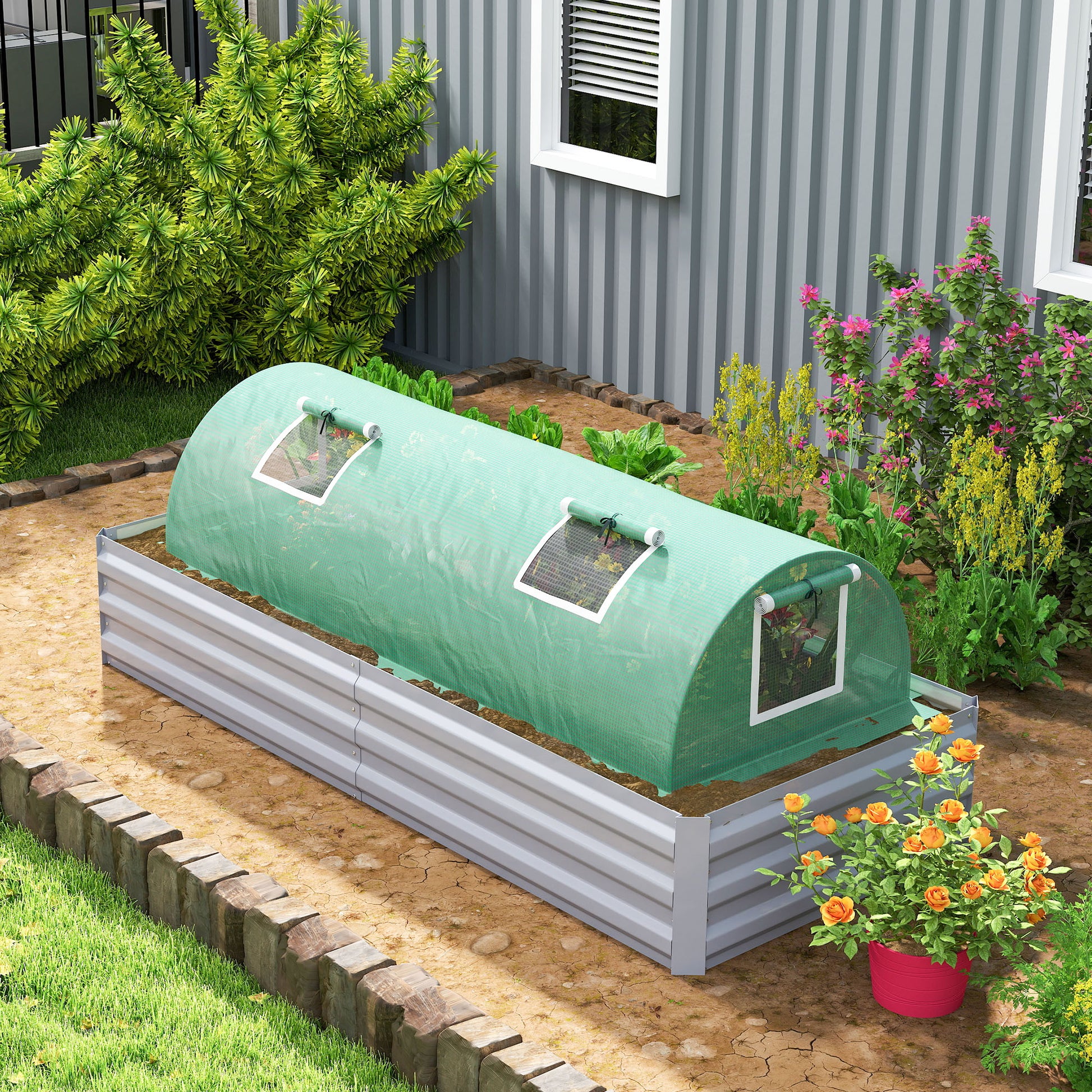 Outsunny Invernadero de Exterior, 200x80x45 cm, Invernadero de Jardín con 4 Ventanas Enrollables de Malla, Marco de Acero y Cubierta de PE 140g/㎡ Anti-UV para Cultivos, Plantas, Flores, Verde