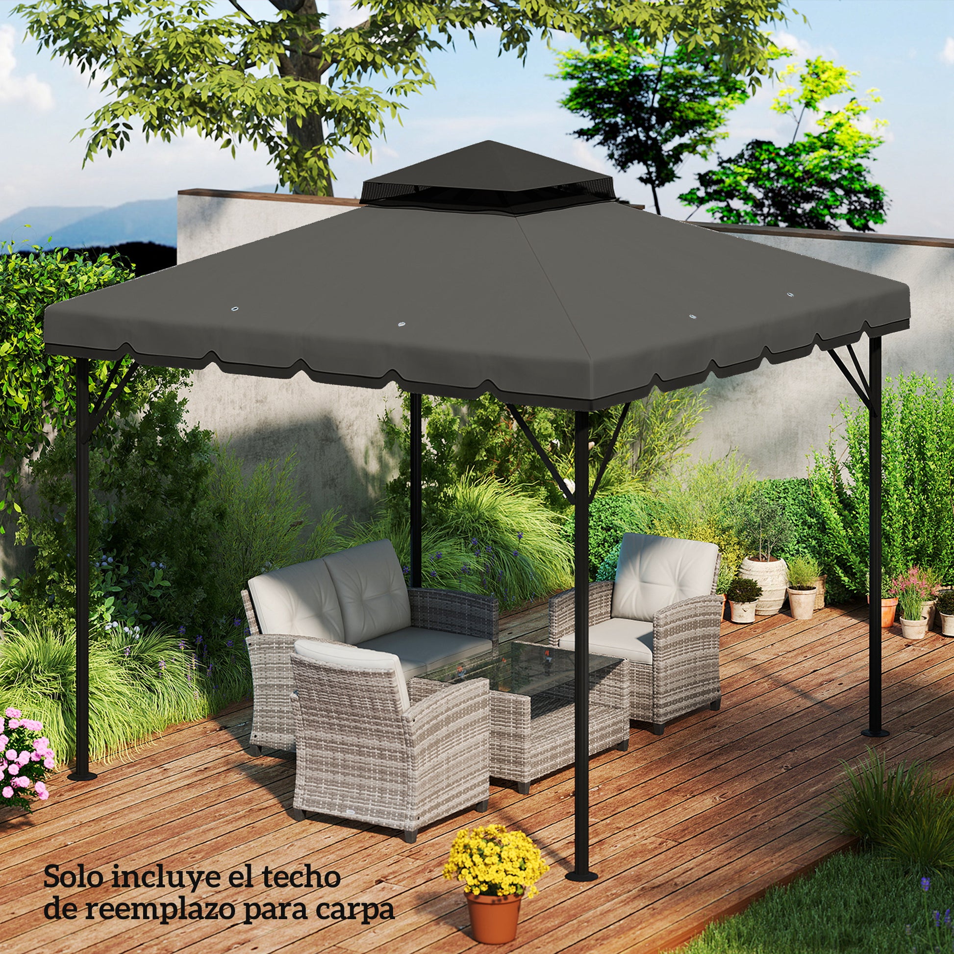 Outsunny Techo de Repuesto para Cenador, 3x3 m, Cubierta de Repuesto con Techo Doble, 8 Orificios de Drenaje y Protección UPF 30+, SOLO Toldo de Recambio para Pabellón Gazebo, Gris Claro