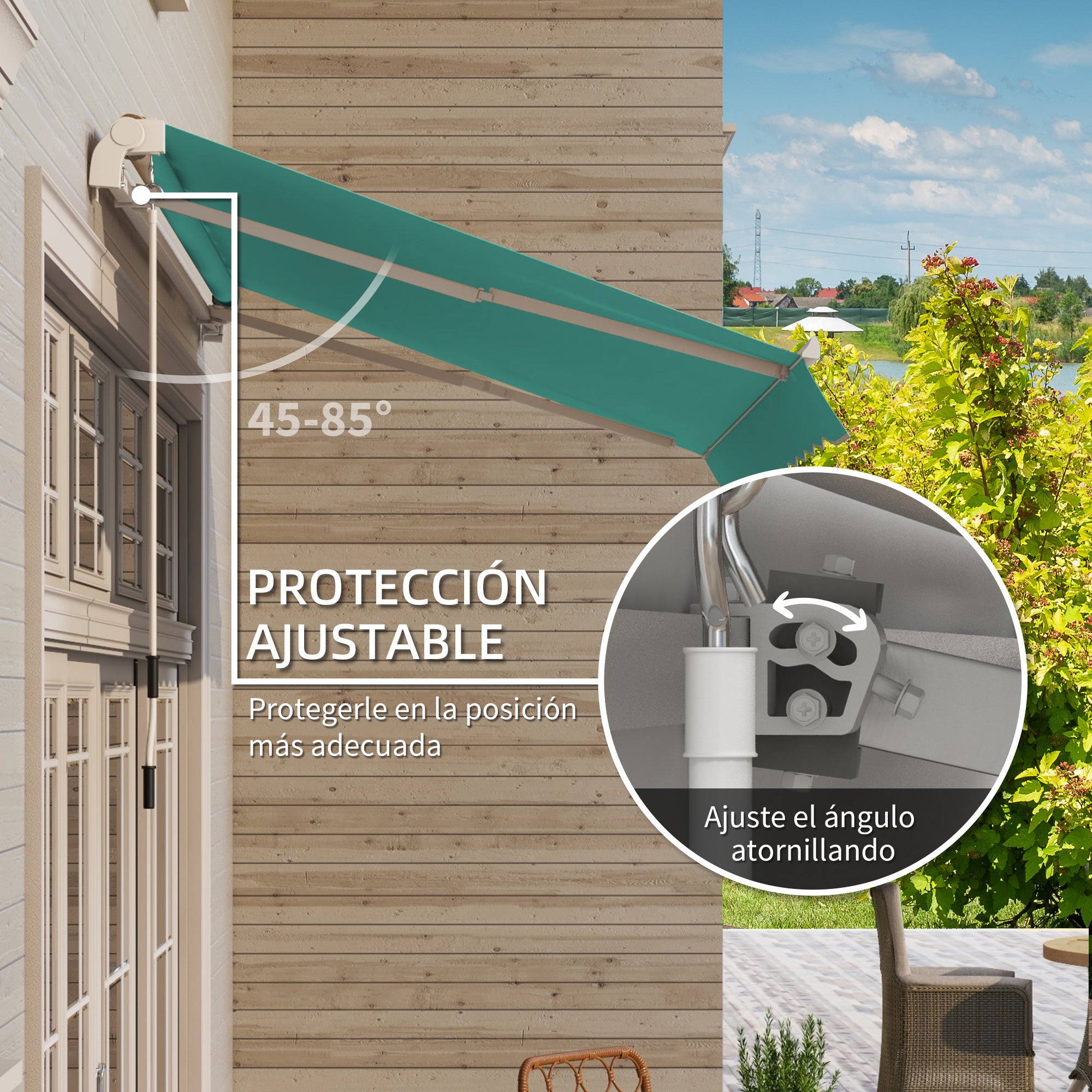 Outsunny Toldo Manual Retráctil 3x2,5 cm Toldo para Balcón con Manivela de Metal Impermeable y Anti-UV Toldo Enrollable de Exterior para Jardín Terraza Ventanas Verde