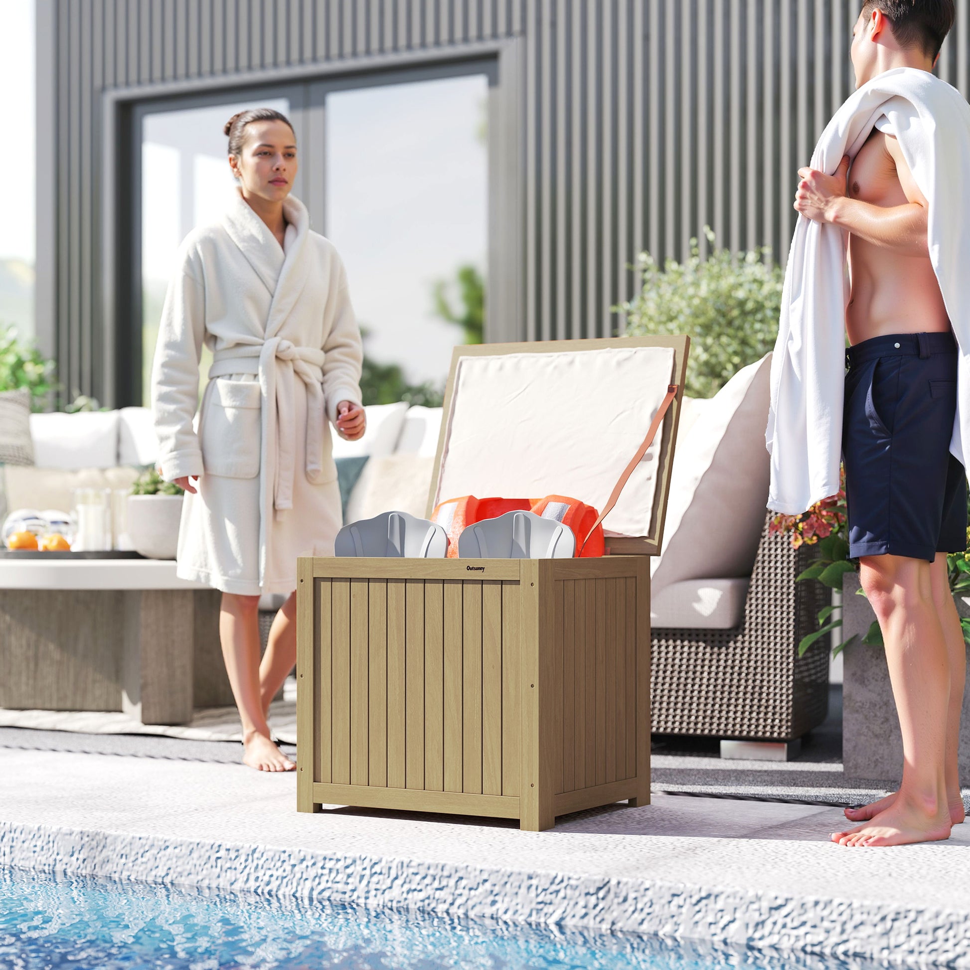 Outsunny Arcón Exterior de Madera, 130L, Baúl Almacenaje Exterior con Forro, Tapa con Bisagras y Correa, Impermeable, Resistente a la Intemperie, para Jardín, Terraza, Patio, 63x51x58,5 cm, Marrón
