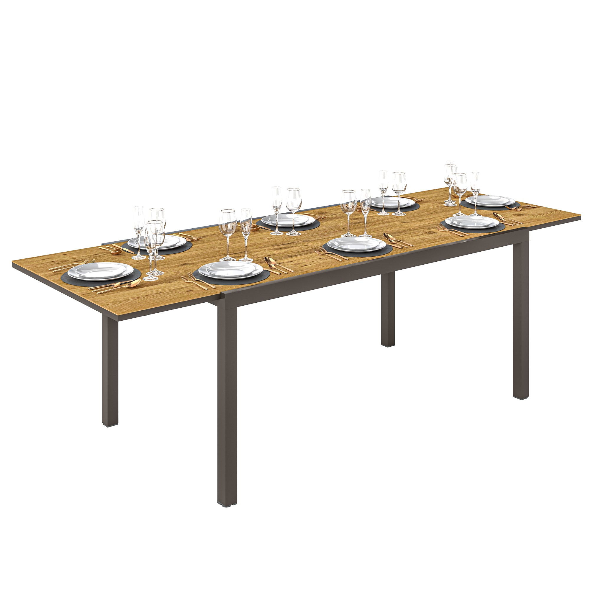 Outsunny Mesa de Jardín Extensible, Mesa de Comedor Exterior Extensible 160/240x90 cm, con Borde de Aluminio, Carga 70 kg, Mesita Rectangular para 6-8 Personas, para Patio, Terraza, Marrón