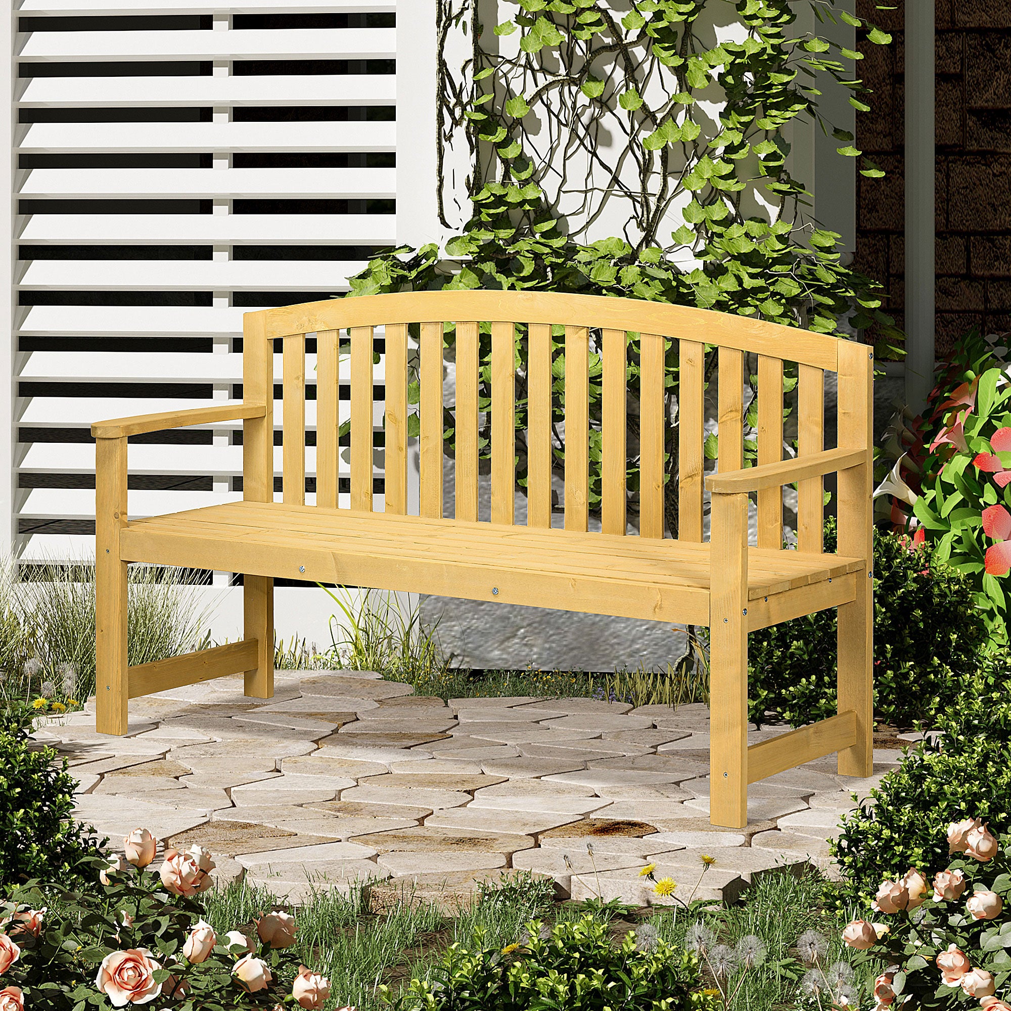 Outsunny Banco de Jardín de 2 Plazas Banco Exterior de Listones de Madera con Respaldo y Reposabrazos para Terraza Patio 143x51x85 cm Natural