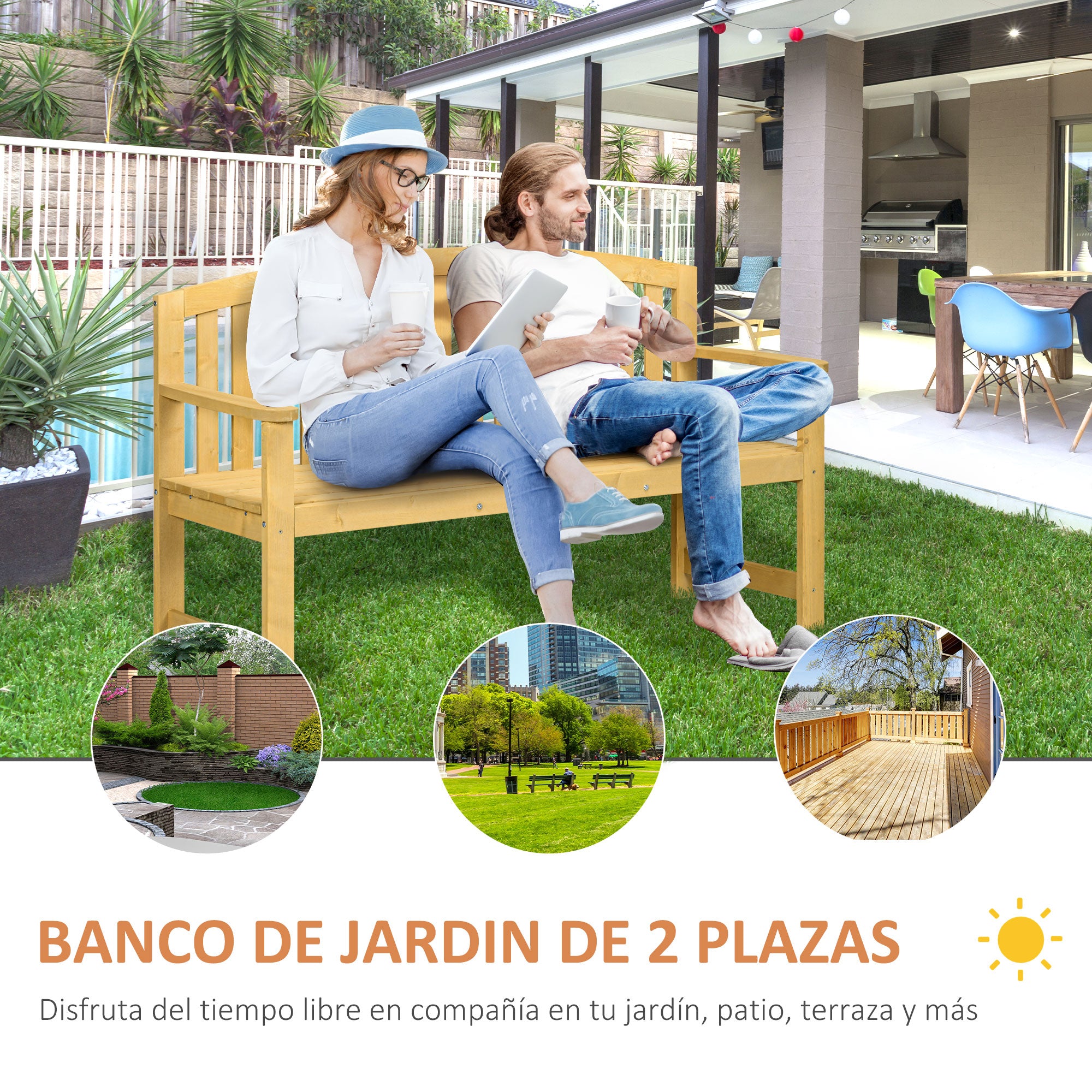 Outsunny Banco de Jardín de 2 Plazas Banco Exterior de Listones de Madera con Respaldo y Reposabrazos para Terraza Patio 143x51x85 cm Natural