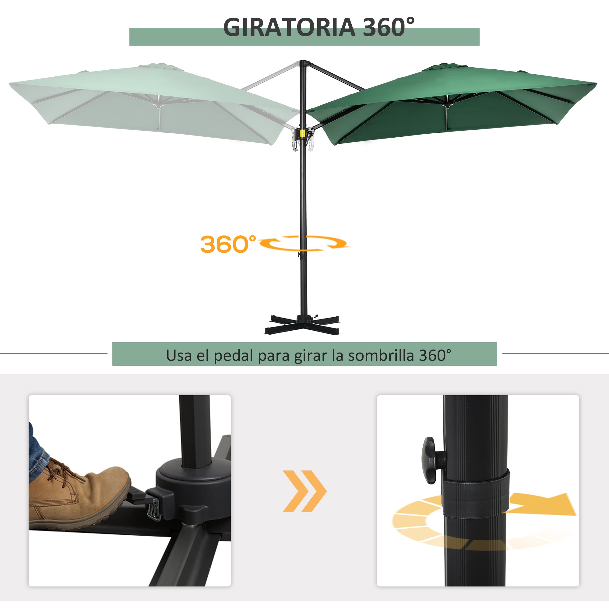 Outsunny Sombrilla de Jardín de Aluminio 245x245x248 cm Parasol Excéntrico con Manivela Giratorio 360° Inclinación de 5 Niveles Tela Desmontable Verde