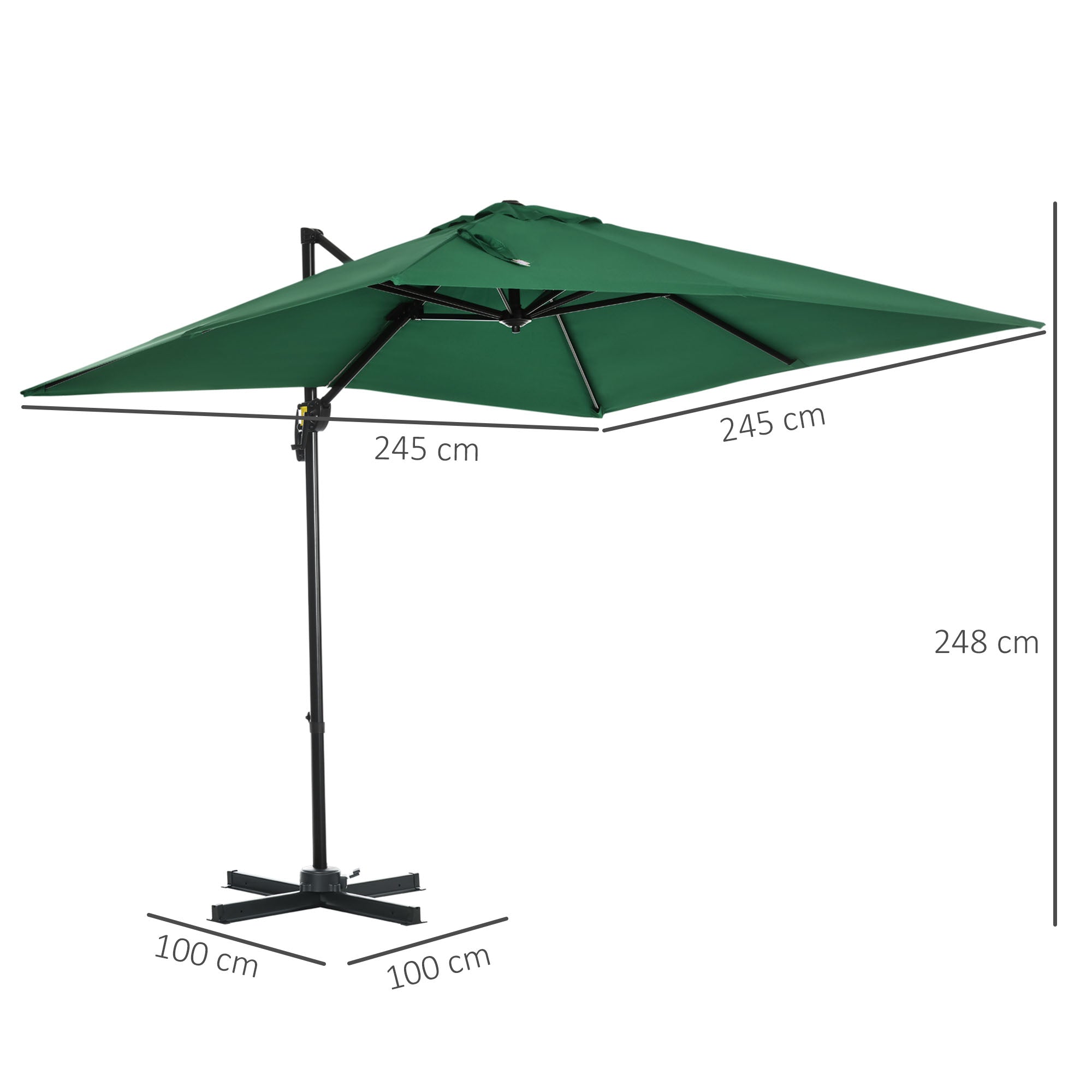 Outsunny Sombrilla de Jardín de Aluminio 245x245x248 cm Parasol Excéntrico con Manivela Giratorio 360° Inclinación de 5 Niveles Tela Desmontable Verde