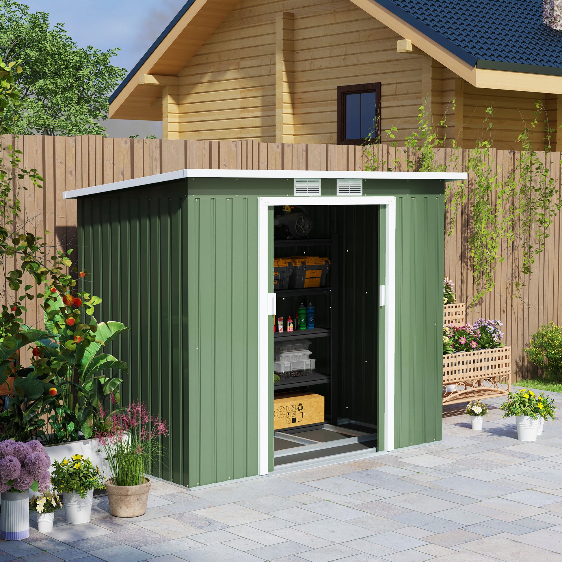 Outsunny Caseta de Jardín Exterior 2,42 m² 213x130x172 cm Cobertizo de Jardín Exterior con Puerta Corredera Techo Inclinado Base Refuerzo (Suelo NO Incluido) y 2 Ventanas Verde