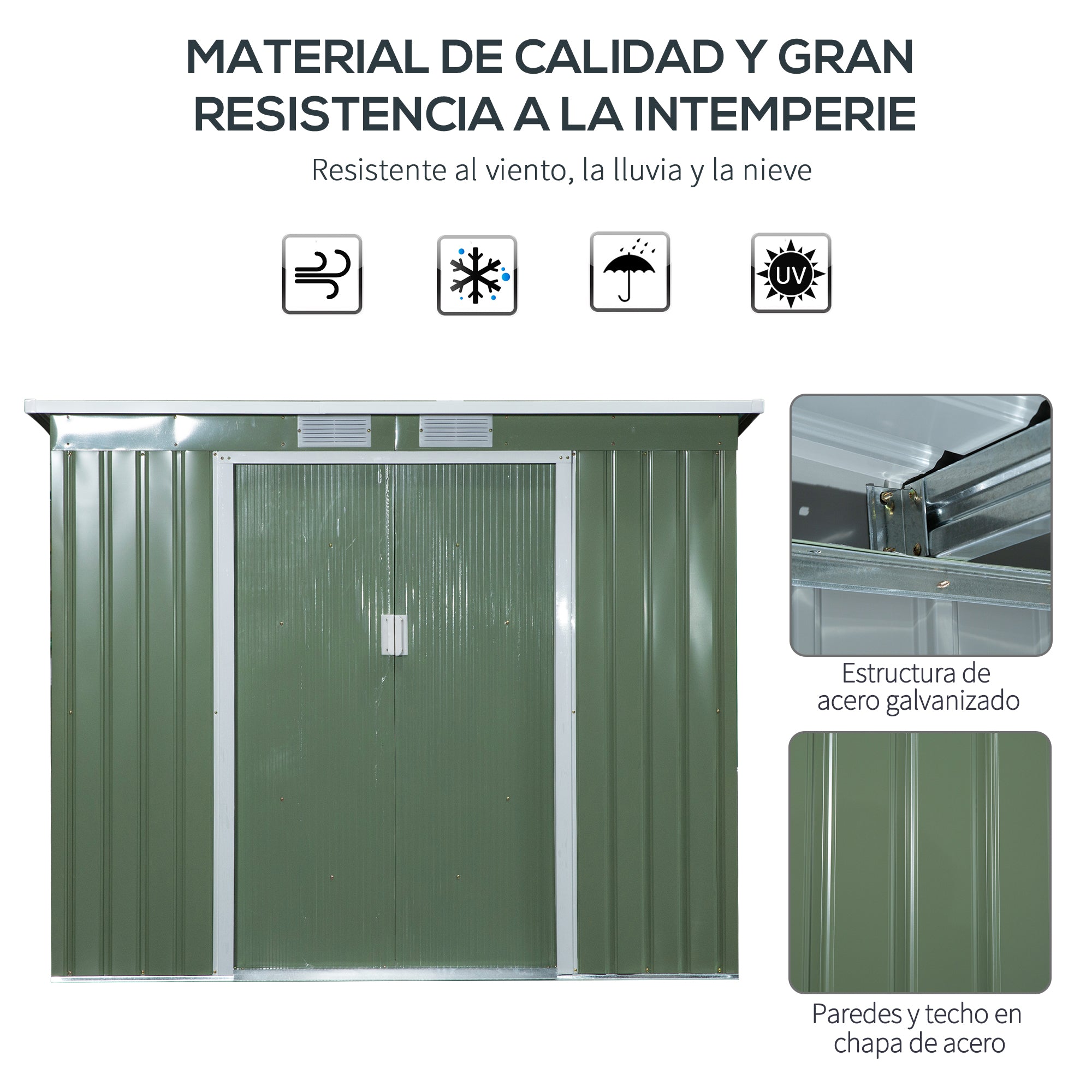 Outsunny Caseta de Jardín Exterior 2,42 m² 213x130x172 cm Cobertizo de Jardín Exterior con Puerta Corredera Techo Inclinado Base Refuerzo (Suelo NO Incluido) y 2 Ventanas Verde