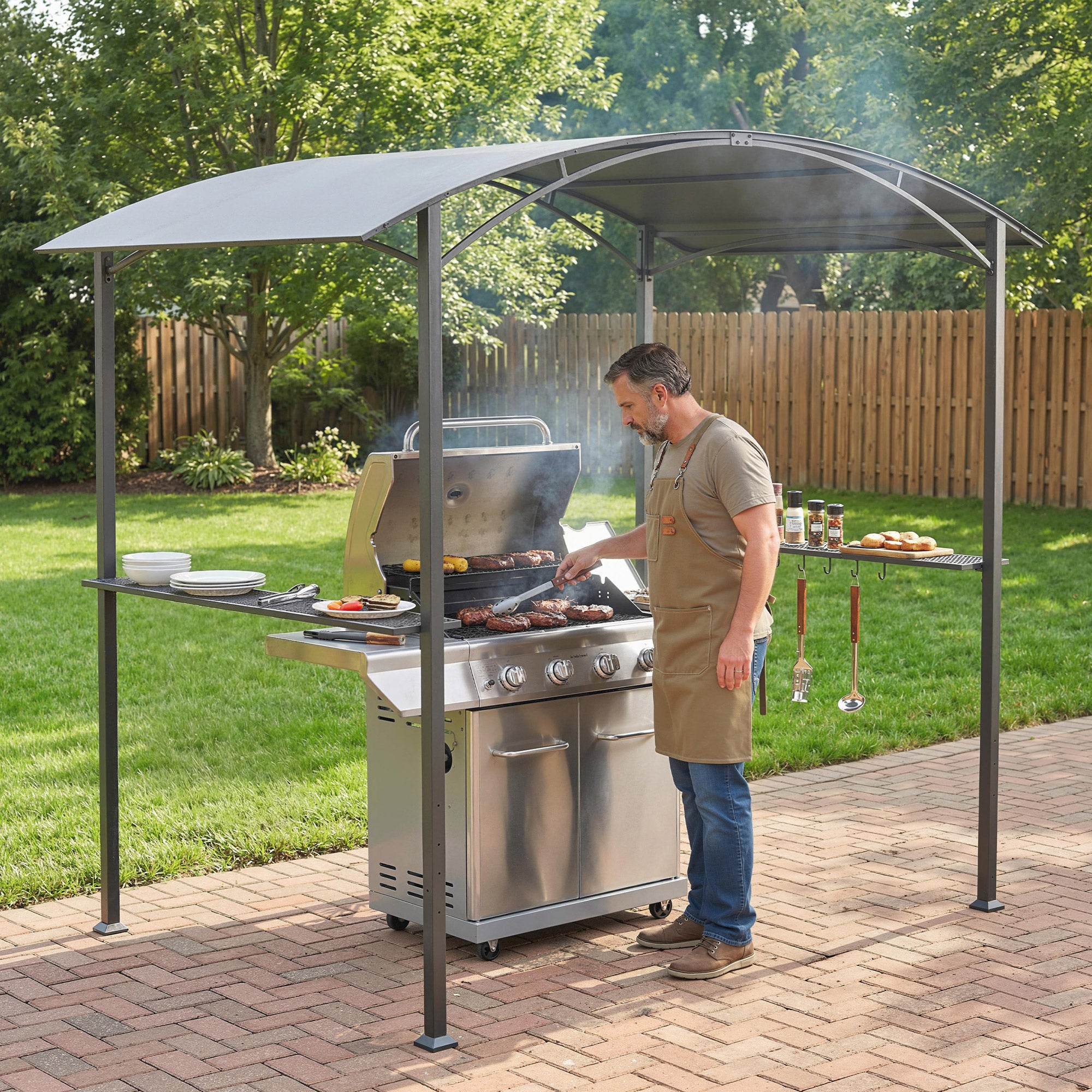 Outsunny Carpa Barbacoa 2,4 x 1,5 m, Cenador de Pérgola con 2 Estantes Laterales, Toldo Resistente a la intemperie, Ganchos y Estructura de Acero, para Jardín Terraza Exterior Camping BBQ, Gris Oscuro