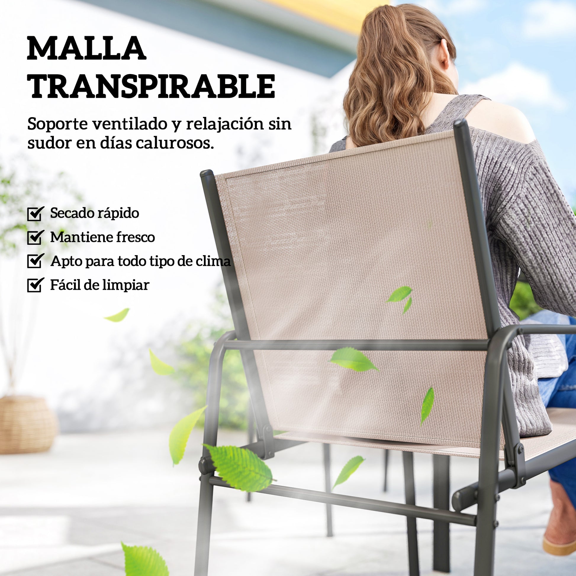 Outsunny Conjunto de Mesa y Sillas Jardín de 7 Piezas, Muebles de Jardín Exterior con Mesa de Efecto Madera y 6 Sillas con Asiento Transpirable, Marco de Acero Galvanizado, para Terraza, Patio, Caqui