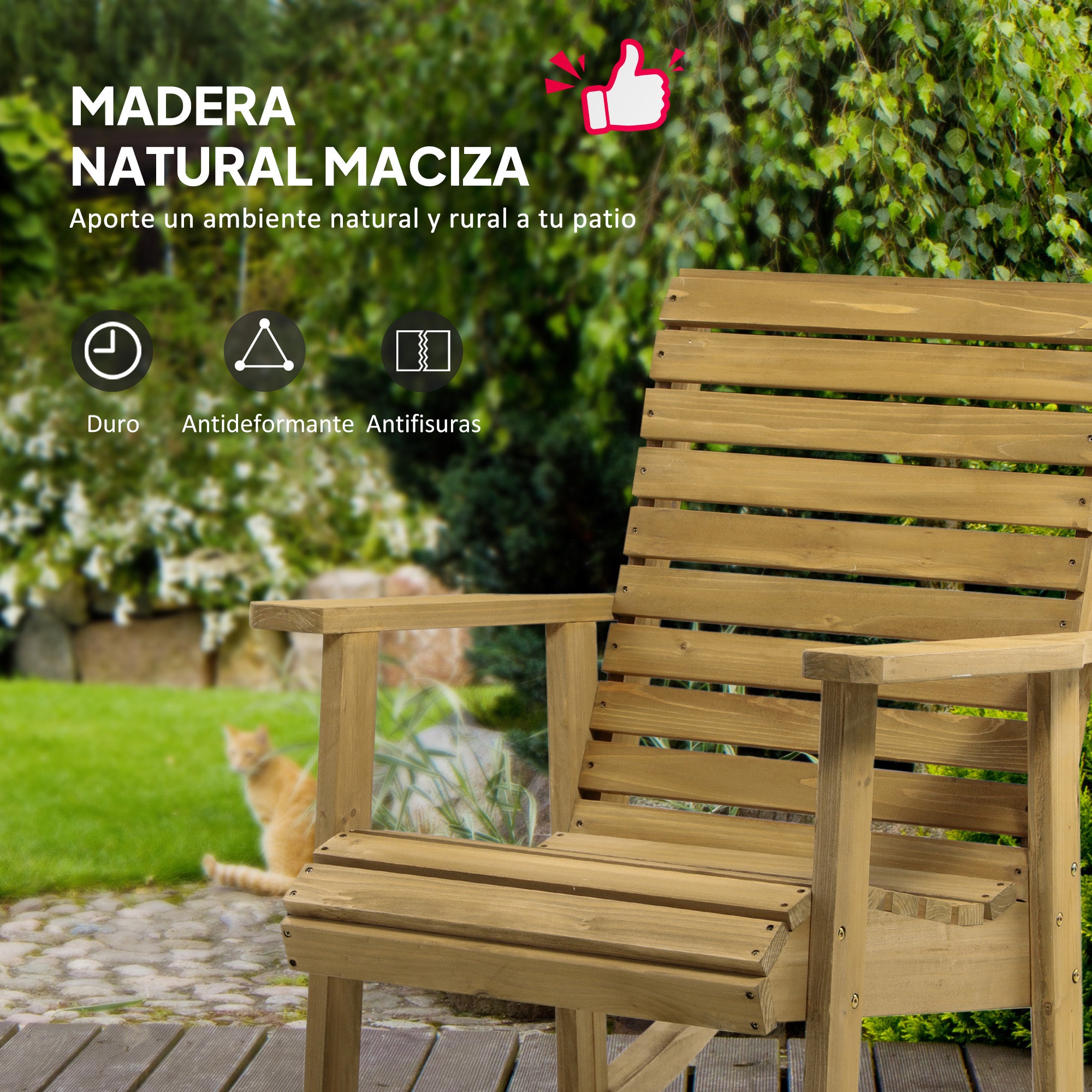Outsunny Silla Mecedora de Madera Mecedora Balancín con Reposabrazos y Diseño Listones Carga 130 kg para Jardín Terraza Porche Patio 86x64x85 cm Natural