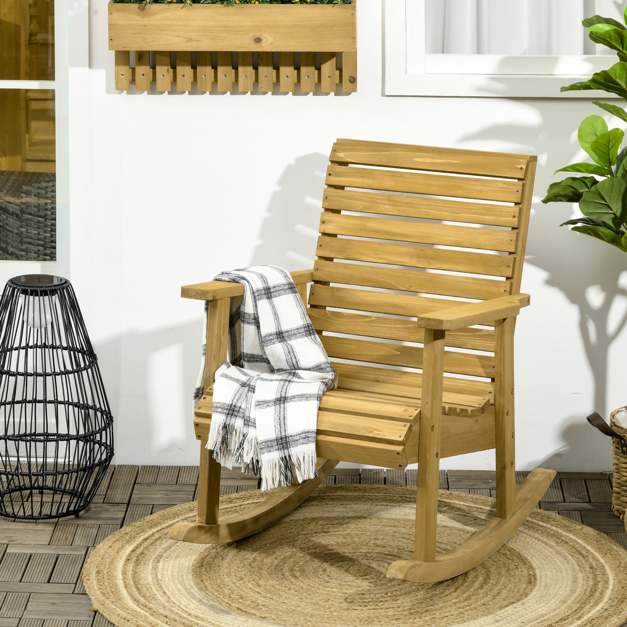 Outsunny Silla Mecedora de Madera Mecedora Balancín con Reposabrazos y Diseño Listones Carga 130 kg para Jardín Terraza Porche Patio 86x64x85 cm Natural