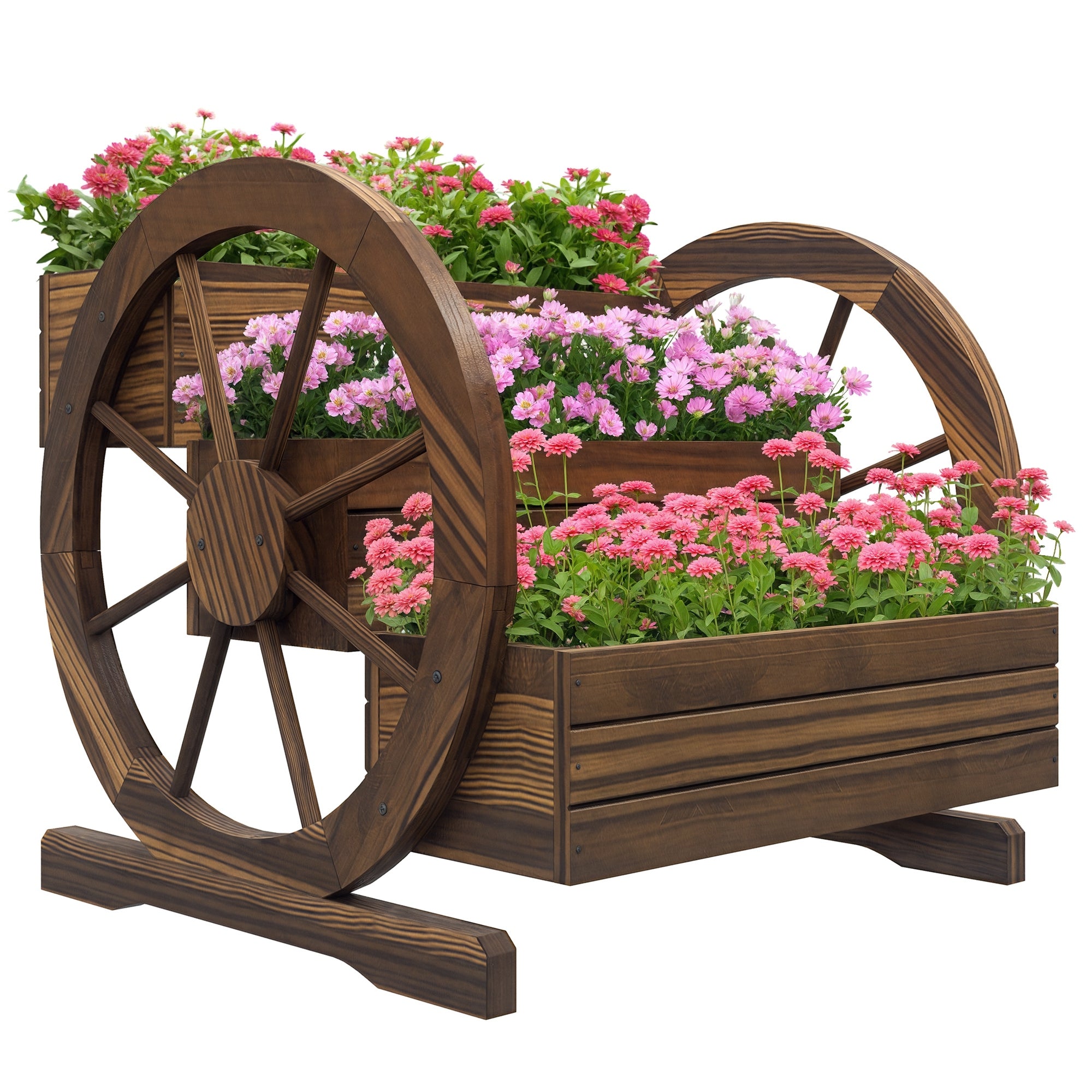 Outsunny Jardinera de Madera Macetero Exterior de 3 Niveles Diseño de Escalera y Forma de Ruedas Orificios de Drenaje Huerto Urbano Cultivos Plantas Flores en Terraza Jardín 61x62x57 cm Carbonizado