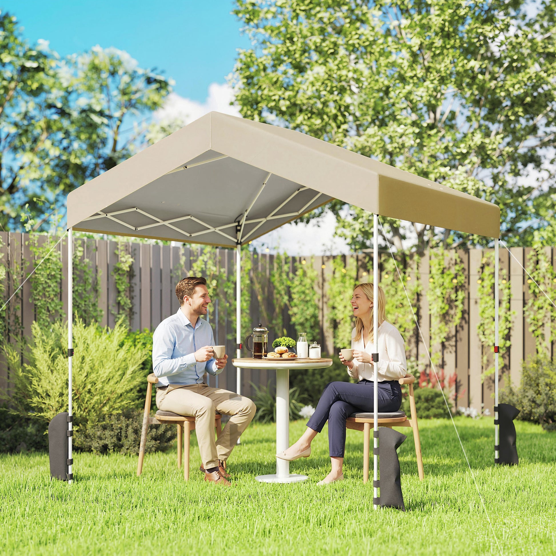 Outsunny Carpa Plegable 2,4x2,4 m, Pop-up, Cenador de Jardín con UPF50+, Bloqueo Central, Altura Ajustable, Bolsa de Transporte, Sacos Arena, Gazebo para Exterior, Beige