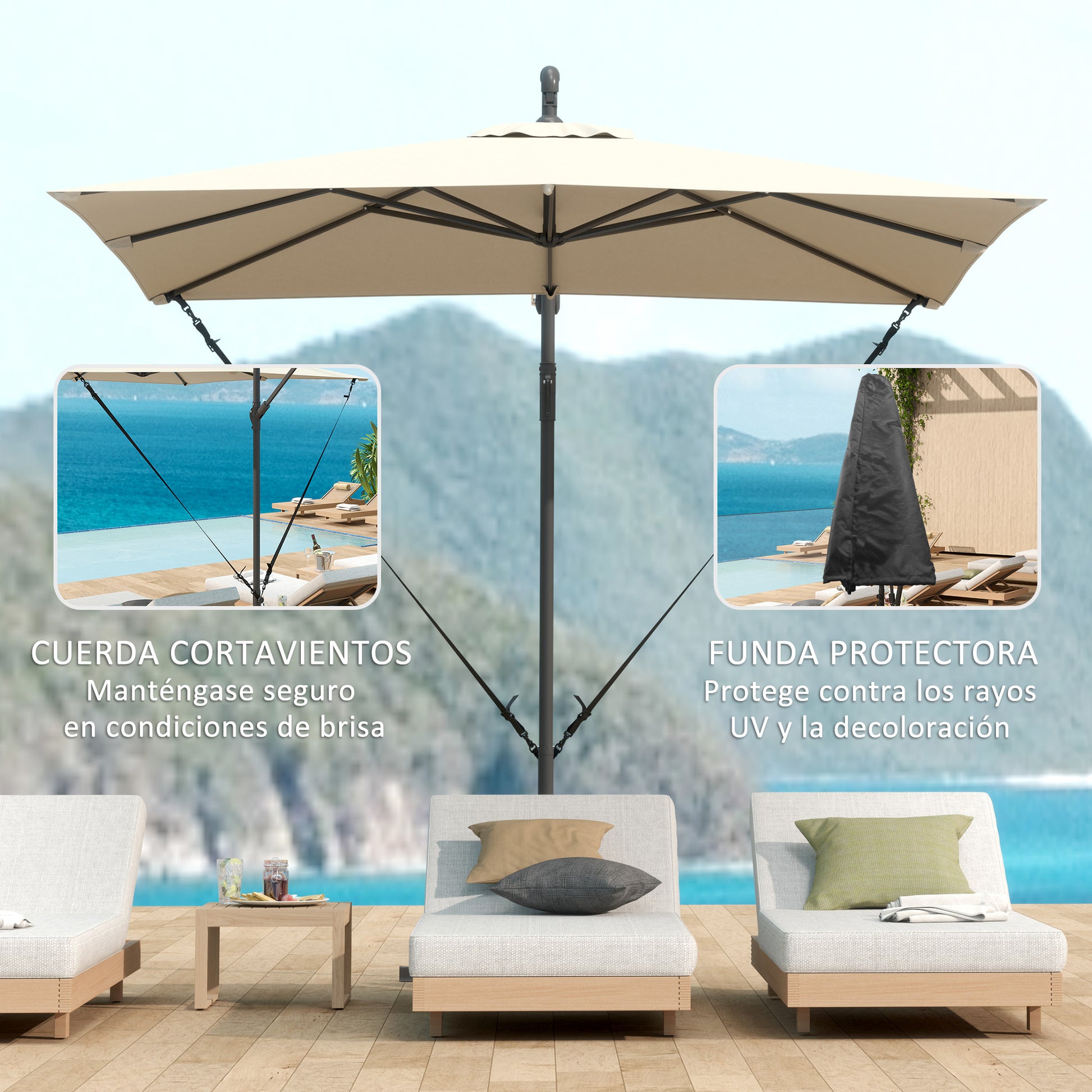 Outsunny Parasol Excéntrico 247x247 cm Sombrilla de Jardín con Base Cruzada Cubierta Ajustable Manivela Funda Protectora y Cuerda de Viento Anti-UV 50+ Sombrilla para Terraza Patio Caqui