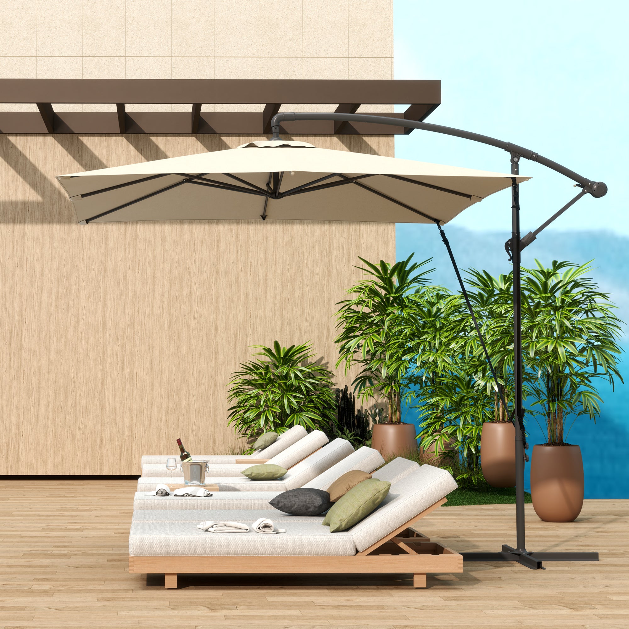 Outsunny Parasol Excéntrico 247x247 cm Sombrilla de Jardín con Base Cruzada Cubierta Ajustable Manivela Funda Protectora y Cuerda de Viento Anti-UV 50+ Sombrilla para Terraza Patio Caqui