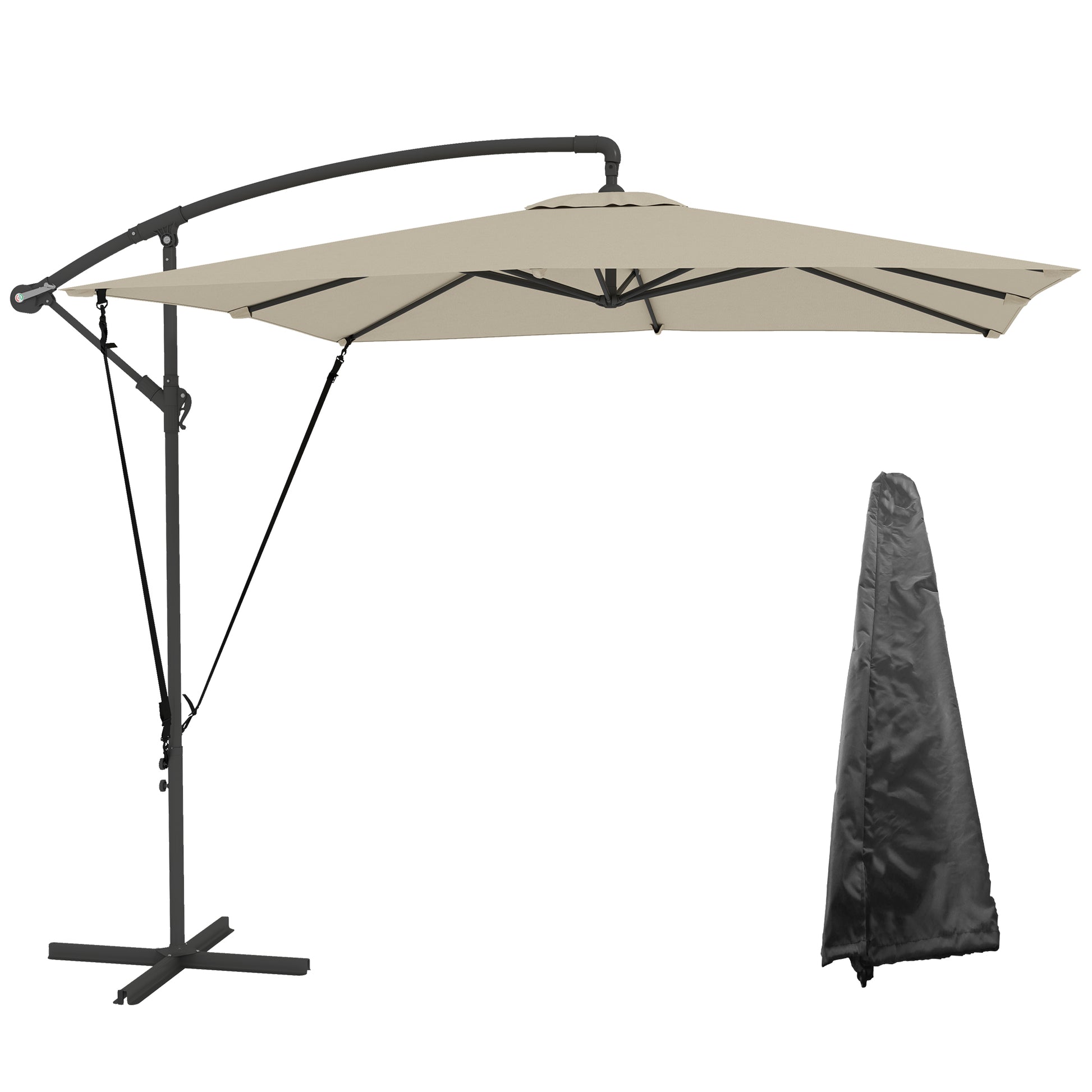 Outsunny Parasol Excéntrico 247x247 cm Sombrilla de Jardín con Base Cruzada Cubierta Ajustable Manivela Funda Protectora y Cuerda de Viento Anti-UV 50+ Sombrilla para Terraza Patio Caqui