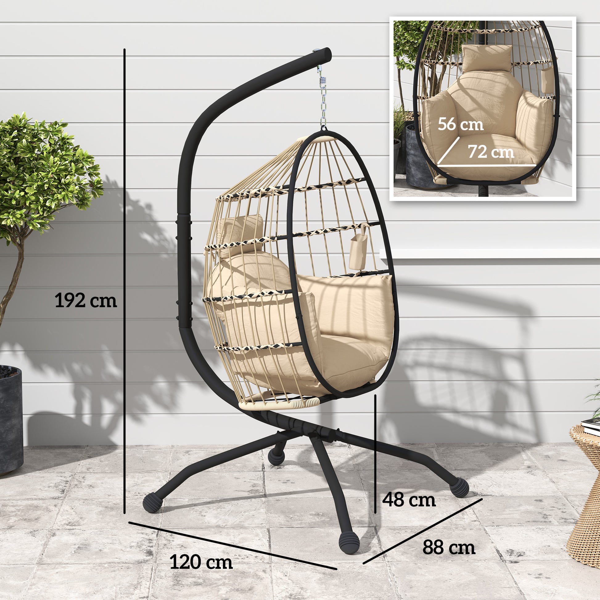 Outsunny Silla Colgante Huevo con Soporte Columpio Jardín Exterior con Cesta Plegable Cojín y Reposacabezas Portavaso Columpio Colgante para Interior y Exterior Carga 120 kg Caqui