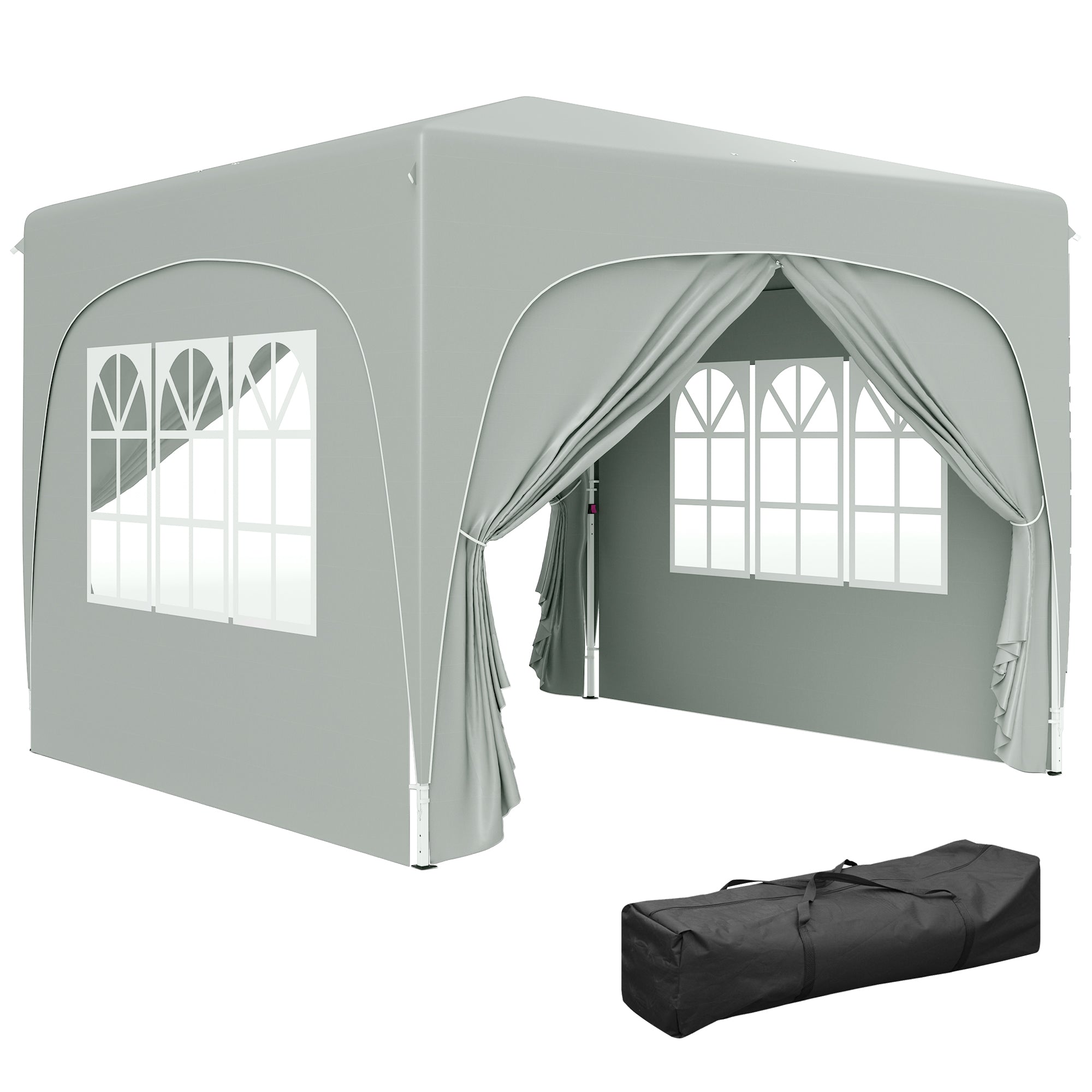 Outsunny Carpa Plegable 3x3 m, Cenador Pabellón de Jardín con Altura Ajustable de 3 Niveles, 4 Paredes Laterales, Ventanas y Bolsa Transporte, UPF50+, Impermeable para Fiestas, Exterior, Gris