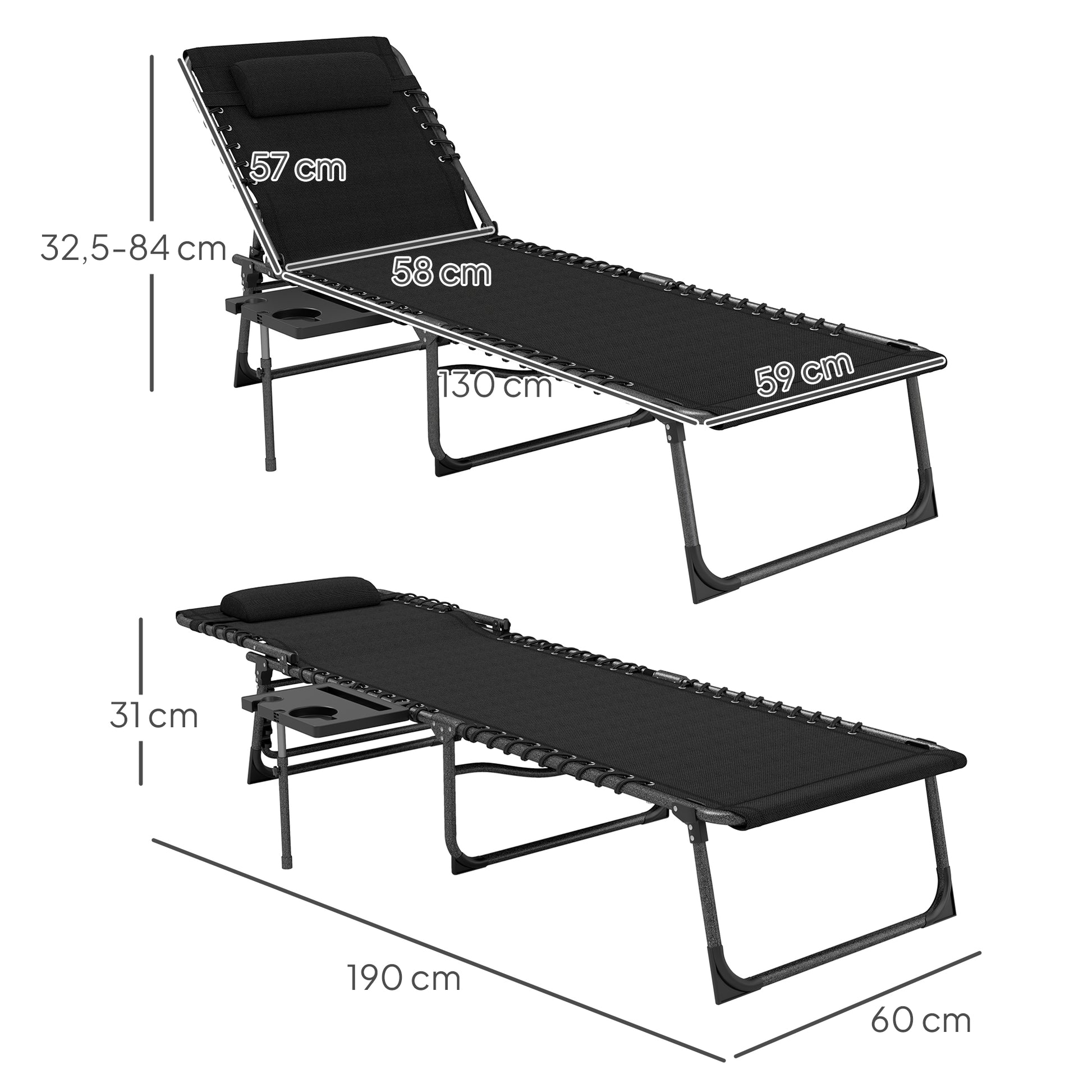 Outsunny Tumbona Plegable, Tumbona Jardín Exterior con Respaldo Ajustable, Reposacabezas, Bolsillo Lateral, Bandeja y Estructura de Acero, Carga 120 kg para Terraza Piscina Playa, 190x60x31 cm, Negro