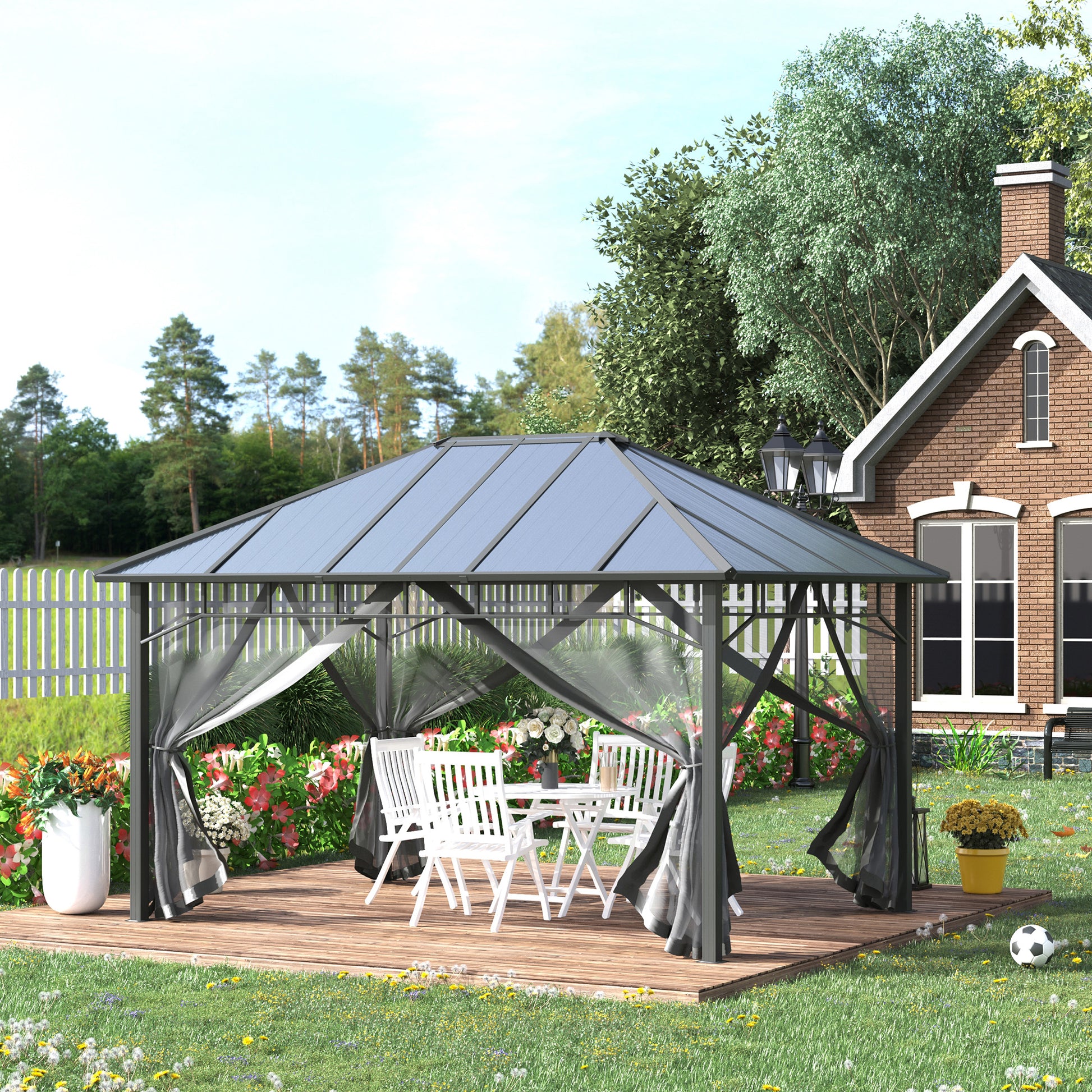 Outsunny Cenador para Jardín 4x3 m con Marco de Alumnio Pabellón para Exterior con Techo de Policarbonato Anti-UV Gazebo para Fiestas Eventos Gris