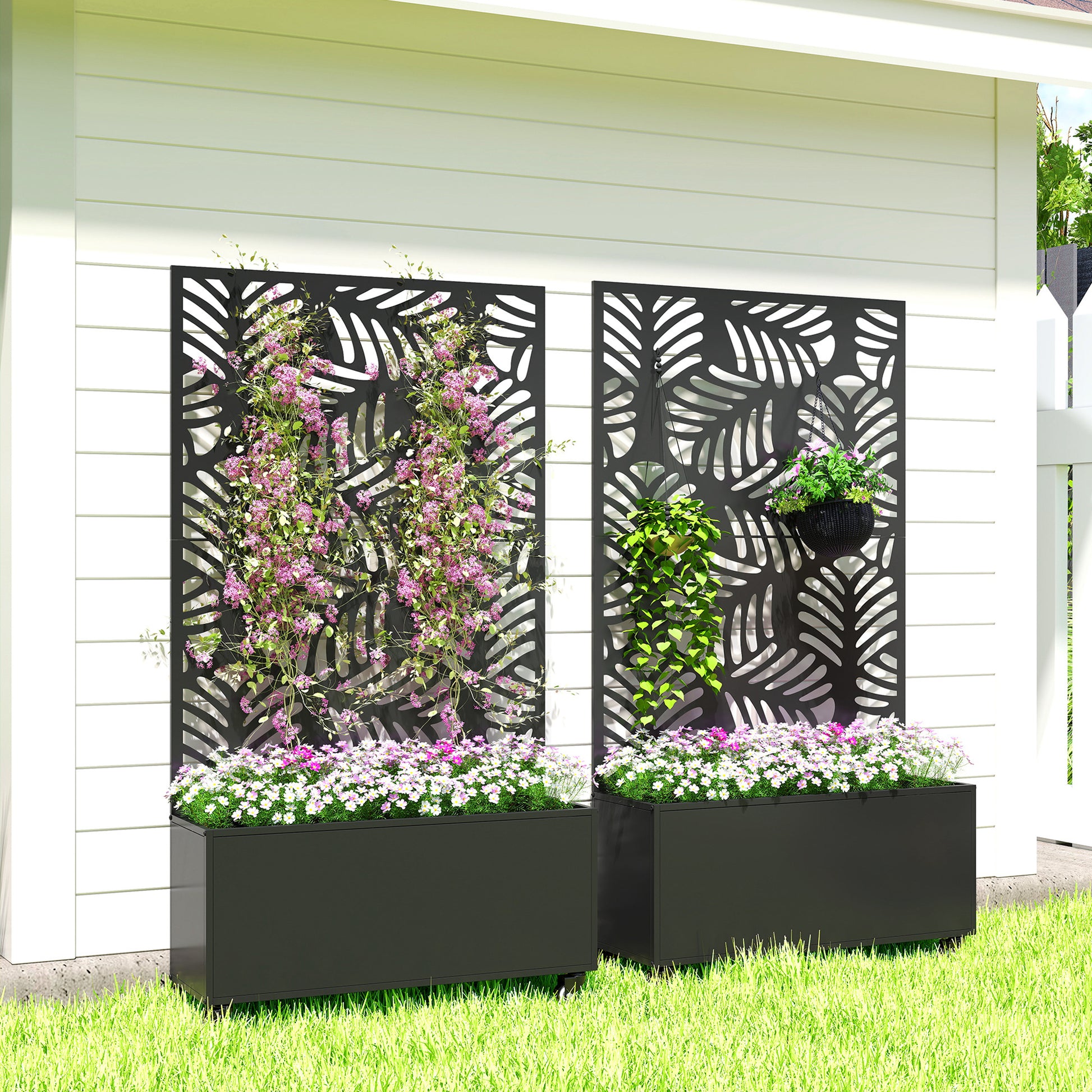 Outsunny Jardinera Exterior Grande de Metal con Ruedas, Jardinera con Pantalla de Privacidad de Hojas de Monstera, Macetero con Enrejado para Plantas Trepadoras, Patio, Terraza, 90x30x160 cm, Negro