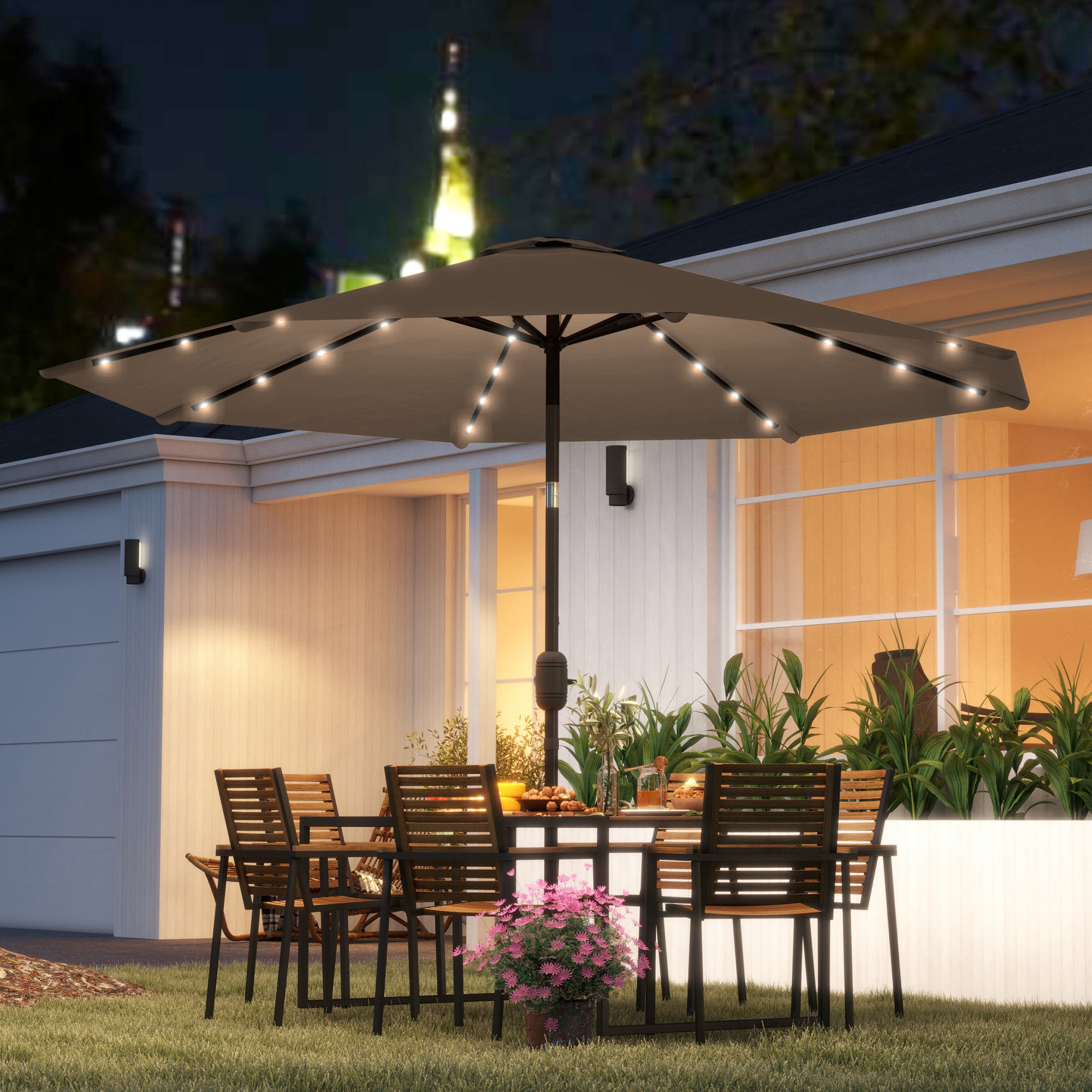 Outsunny Sombrilla Terraza Exterior, Ø265 cm, Sombrilla de Jardín con 32 Luces LED Solares, Poste de Acero y Manivela de Parasol Inclinable, para Patio, Terraza, Caqui