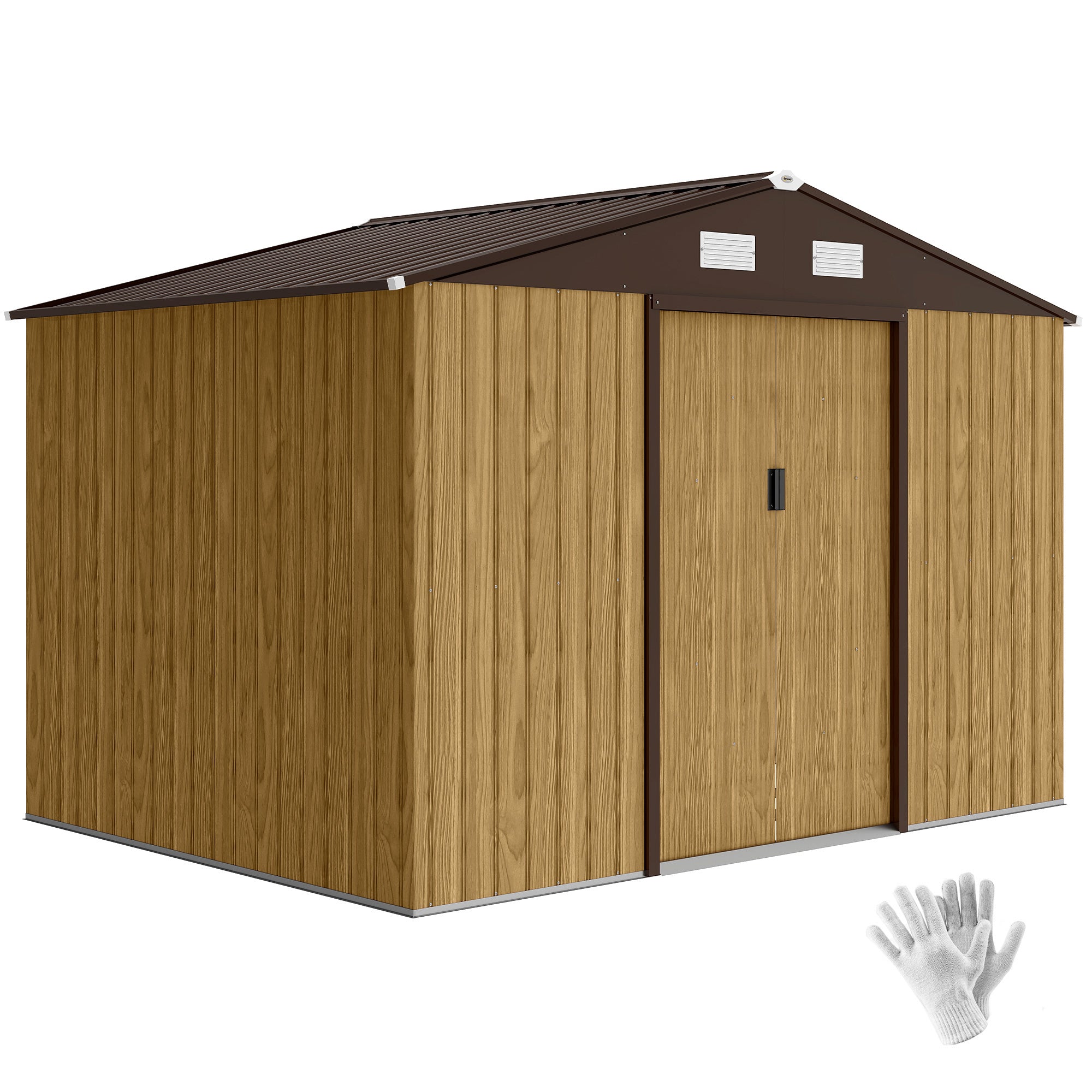 Outsunny Caseta de Jardín Exterior 4,9 m², 277x195x192 cm, Cobertizo de Jardín Exterior Metálico con Puerta Corredera, Ventilación y Kit de Fundación, para Almacenamiento de Herramientas, Marrón Claro