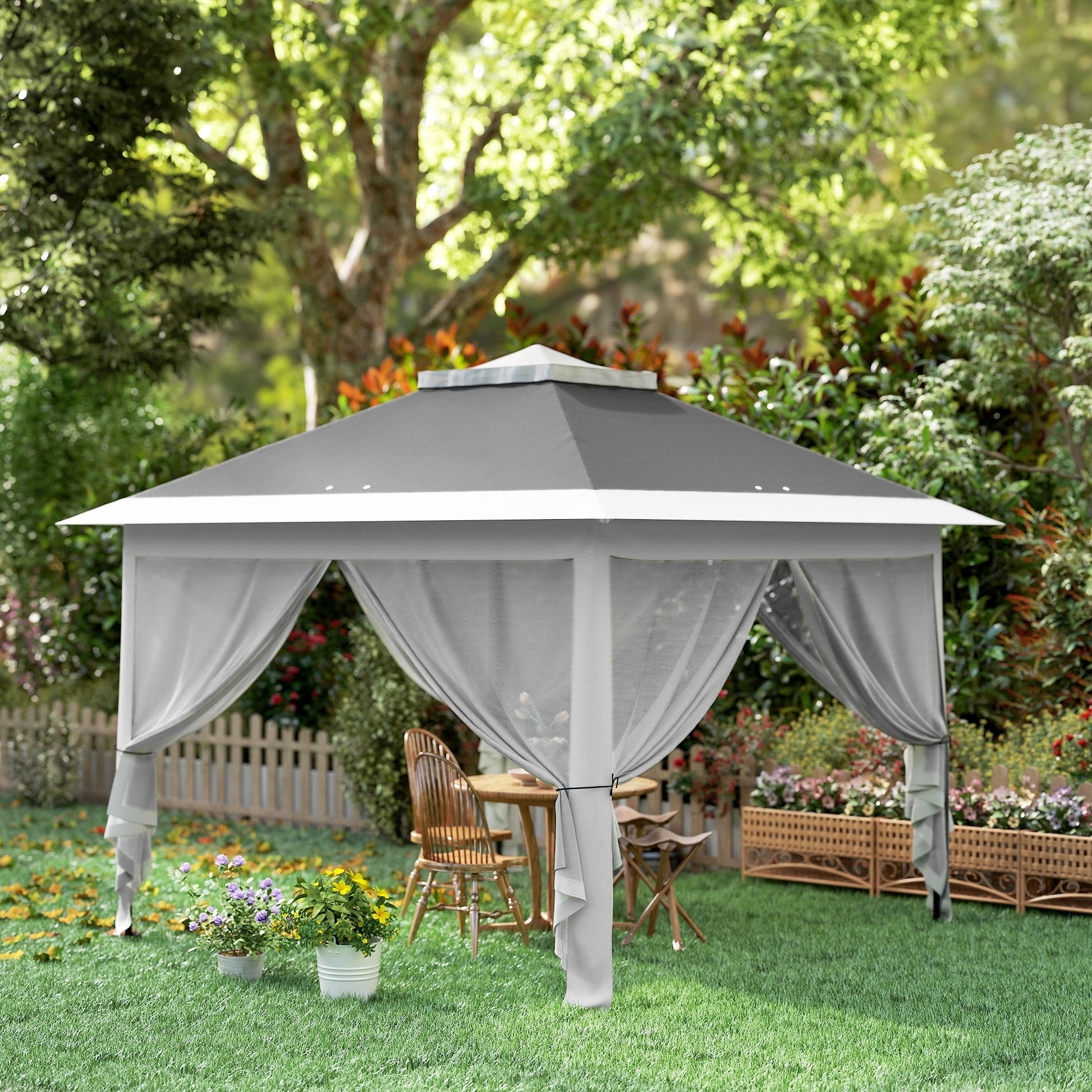 Outsunny Carpa Plegable 3,3x3,3 m Pop-up, Cenador de Jardín con Altura Ajustable 3 Niveles, Doble Techo, 4 Mosquiteras Extraíbles y Bolsa Transporte, Impermeable, Anti-UV para Exterior, Gris Oscuro