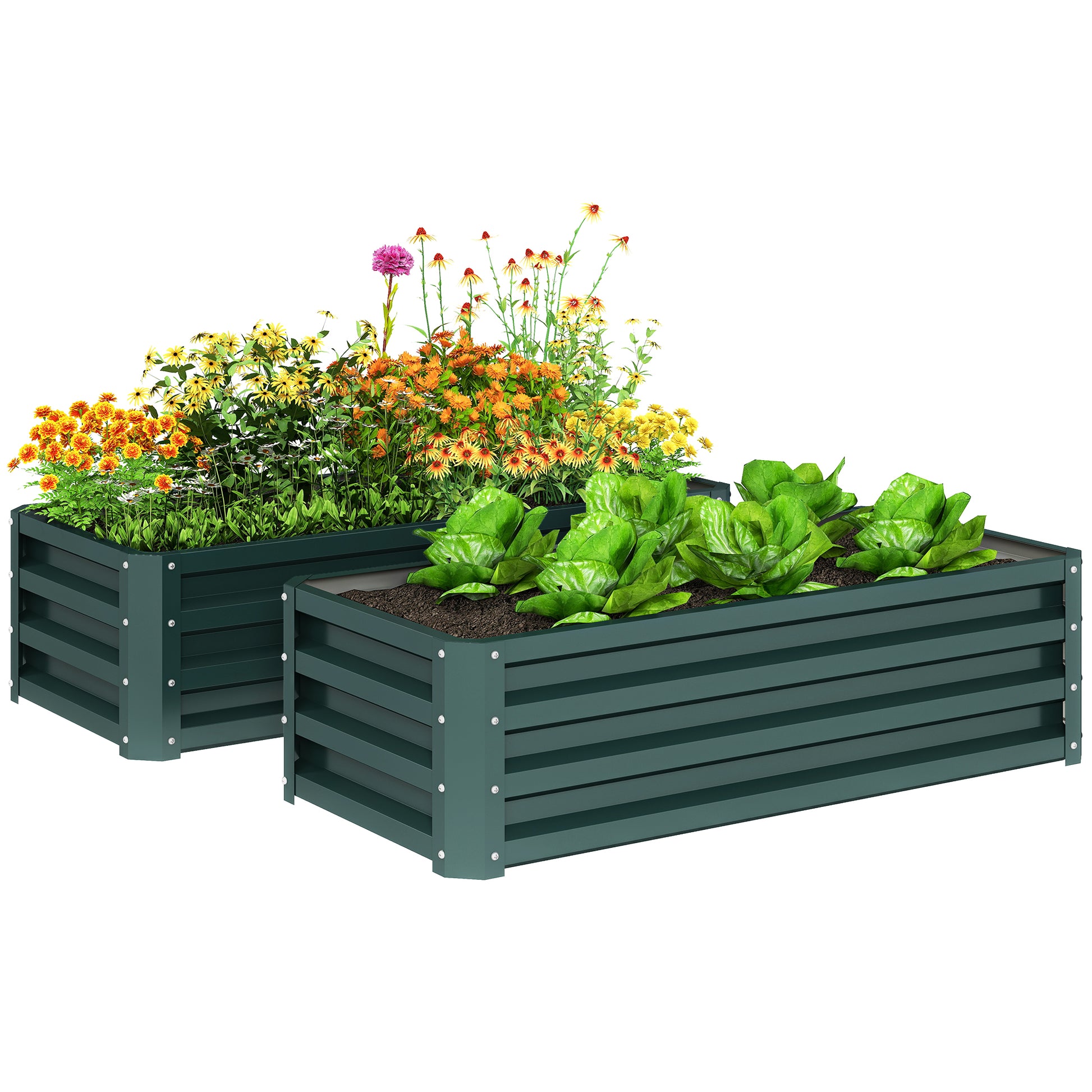 Outsunny Juego de 2 Jardineras Exterior Grandes de Acero Galvanizado, Huertos Urbanos, Maceteros Exterior Elevados para Plantas, Flores, Terraza, Jardín, Resistente a la Intemperie, 110x50x30 cm Verde
