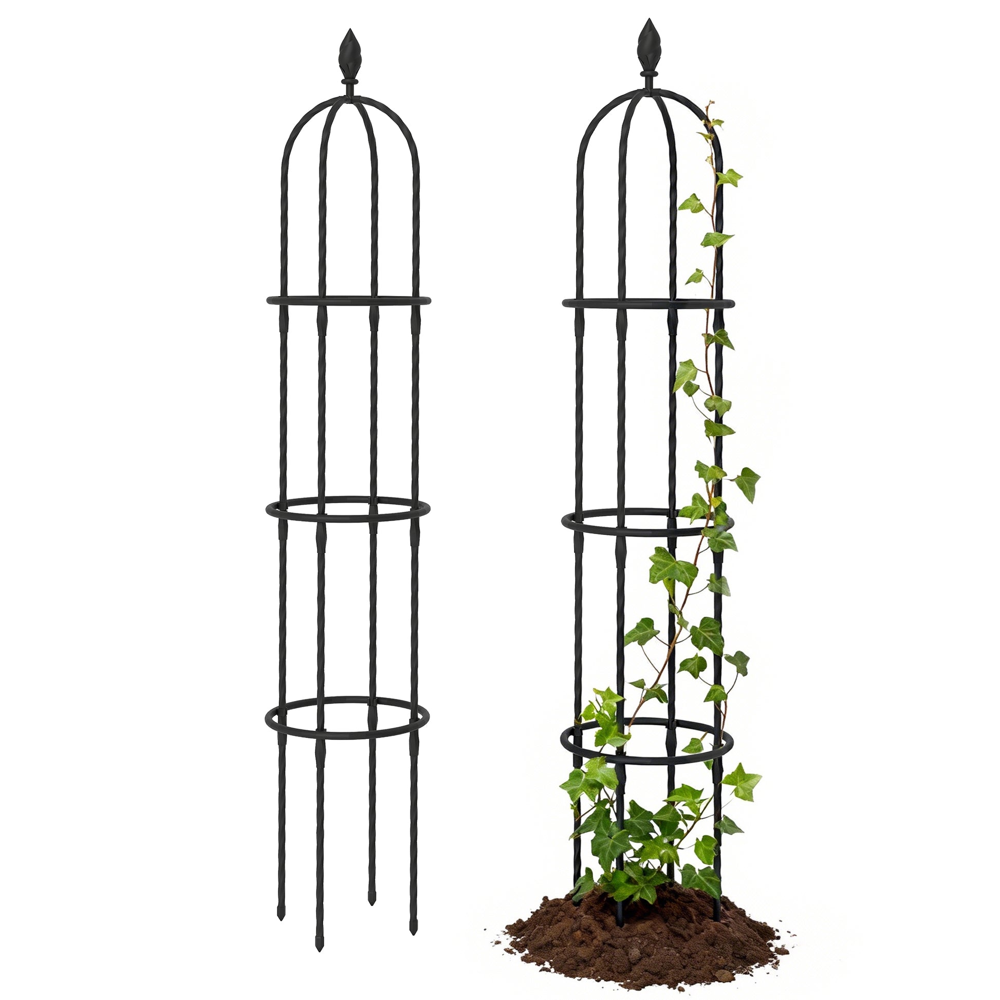 Outsunny Juego de 2 Obeliscos de Jardín de Acero, 1,74 m, Enrejados para Plantas Trepadoras, Rosas, Frutas, Verduras, Soportes Decorativos para Exterior, Patio, Terraza, Negro