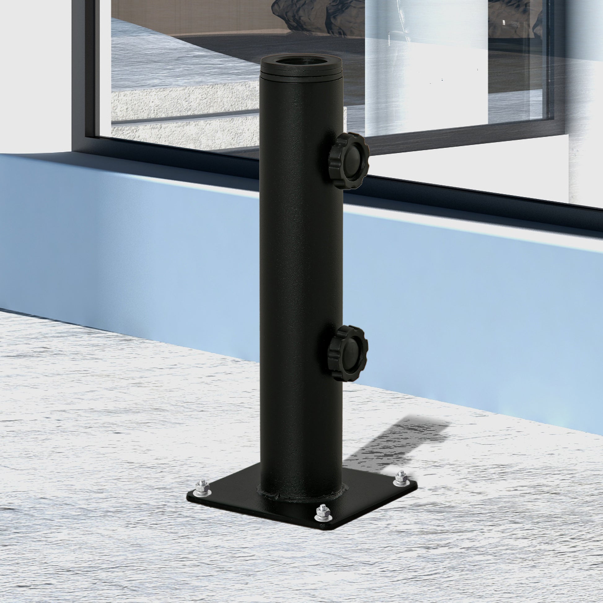 Outsunny Soporte de Parasol para Suelo de Cemento con 2 Botones de Bloqueo y 4 Tornillos de Expansión Base de Sombrilla para Palo de Paraguas de 34/38/48mm 12x12x30 cm Negro
