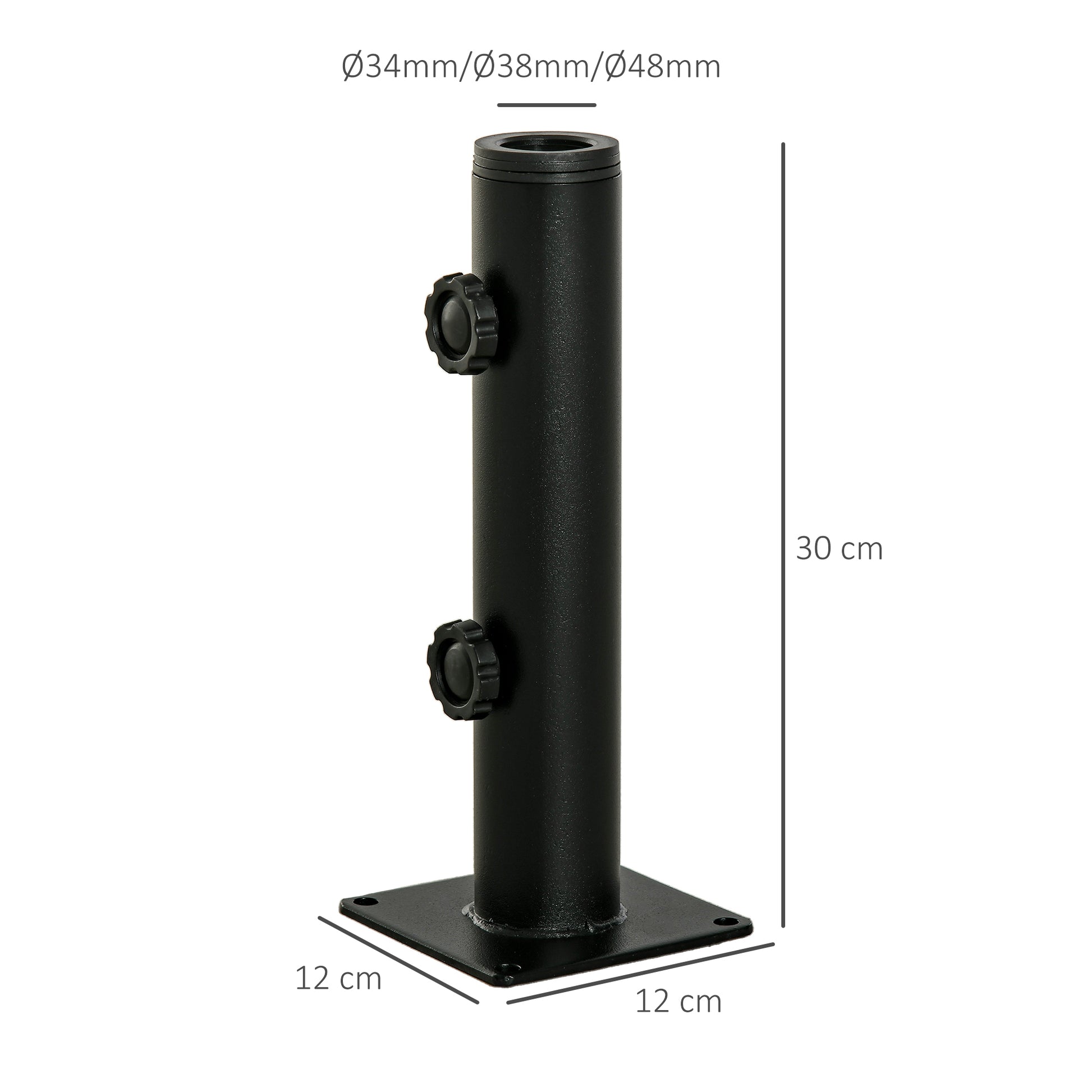 Outsunny Soporte de Parasol para Suelo de Cemento con 2 Botones de Bloqueo y 4 Tornillos de Expansión Base de Sombrilla para Palo de Paraguas de 34/38/48mm 12x12x30 cm Negro