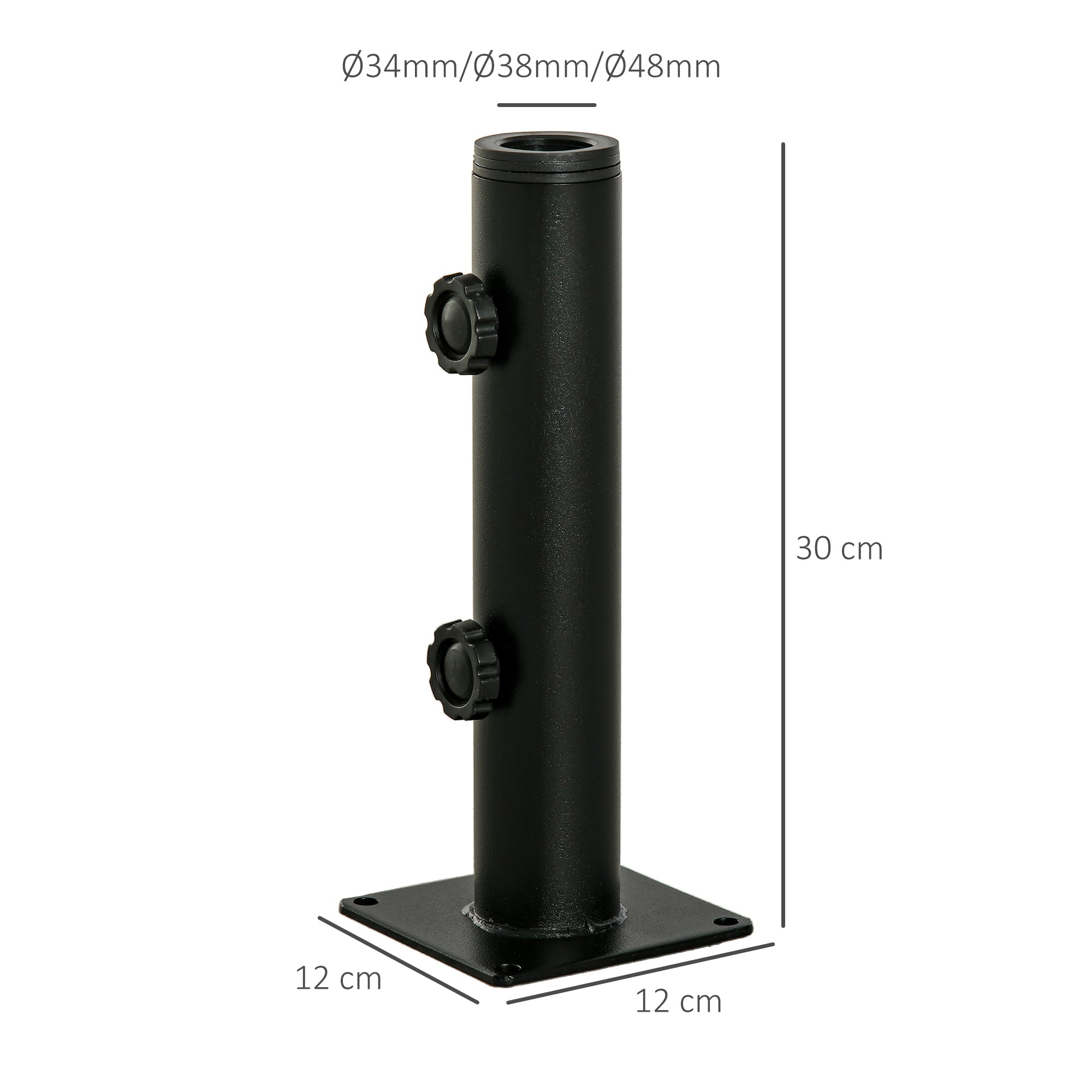 Outsunny Soporte de Parasol para Suelo de Cemento con 2 Botones de Bloqueo y 4 Tornillos de Expansión Base de Sombrilla para Palo de Paraguas de 34/38/48mm 12x12x30 cm Negro