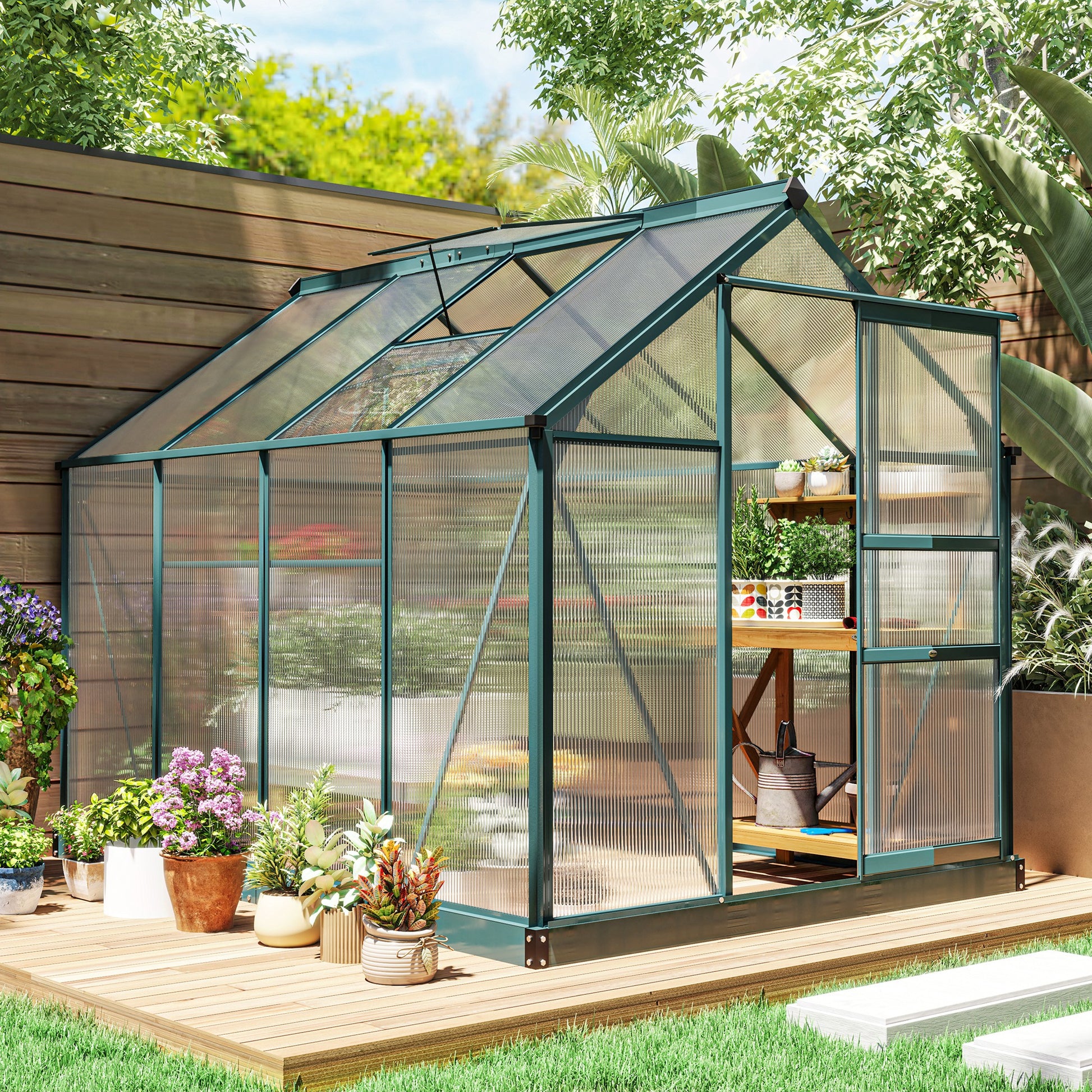 Outsunny Invernadero de Jardín 2x2,5 m Policarbonato y Aluminio Vivero Casero con Tragaluz Protección UV30 y Base 4,79 m² para Macetas Cultivo Plantas Flores Transparente