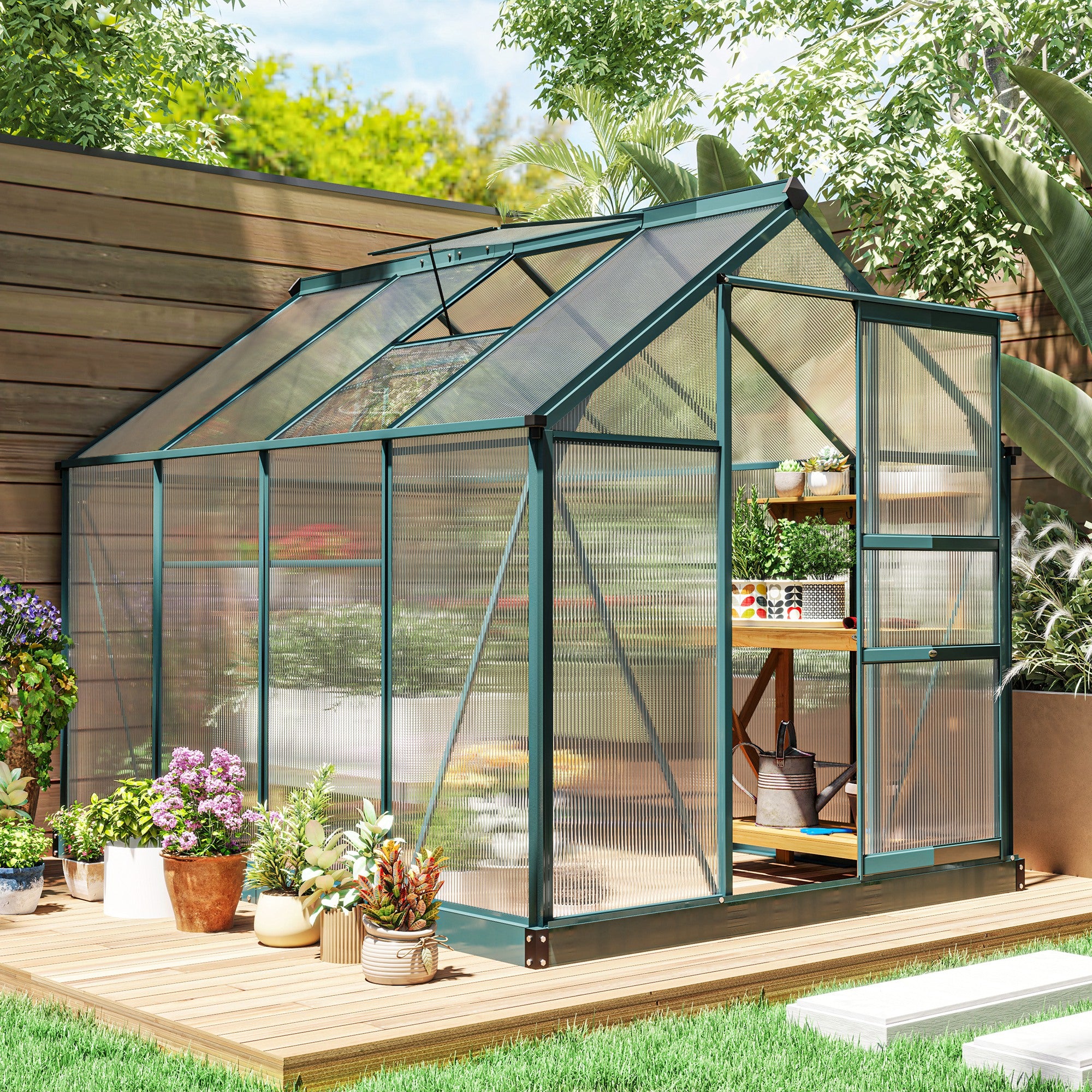 Outsunny Invernadero de Jardín 2x2,5 m Policarbonato y Aluminio Vivero Casero con Tragaluz Protección UV30 y Base 4,79 m² para Macetas Cultivo Plantas Flores Transparente