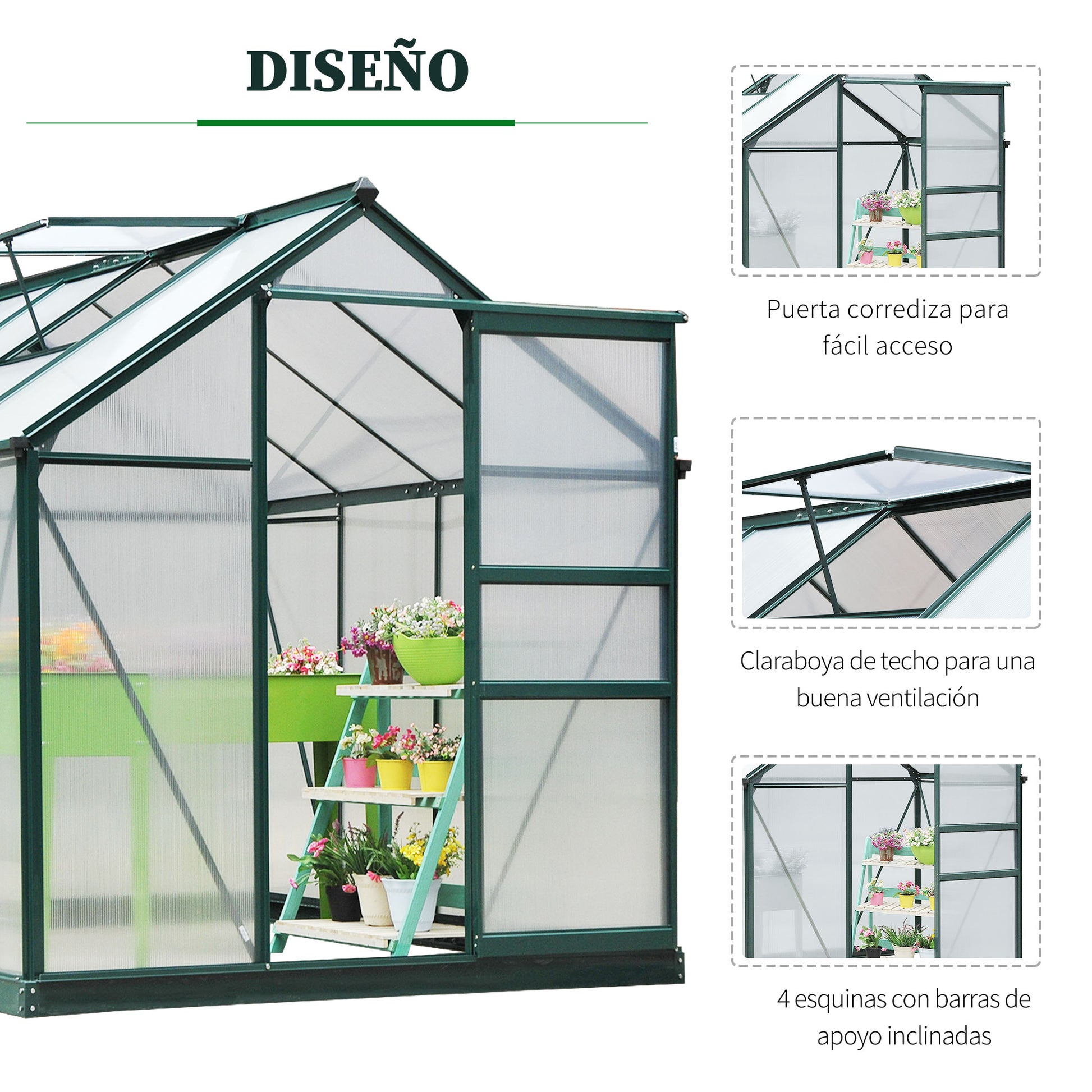 Outsunny Invernadero de Jardín 2x2,5 m Policarbonato y Aluminio Vivero Casero con Tragaluz Protección UV30 y Base 4,79 m² para Macetas Cultivo Plantas Flores Transparente